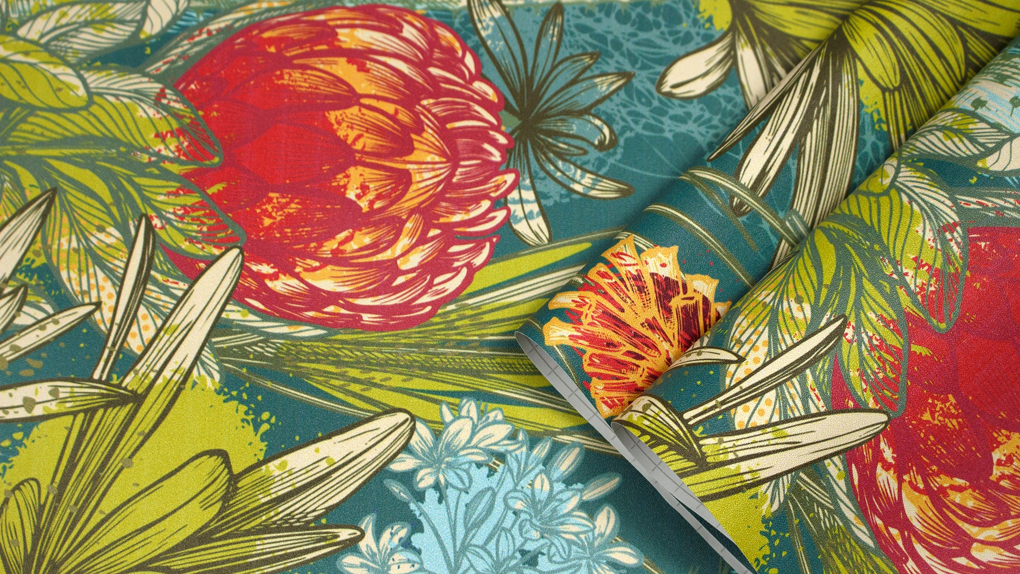 HaokHome Hand-Drawn Flower and Plant Wallpaper – Vibrant Protea, Lily, and Floral Mural on Teal Background for Living Room & Bedroom