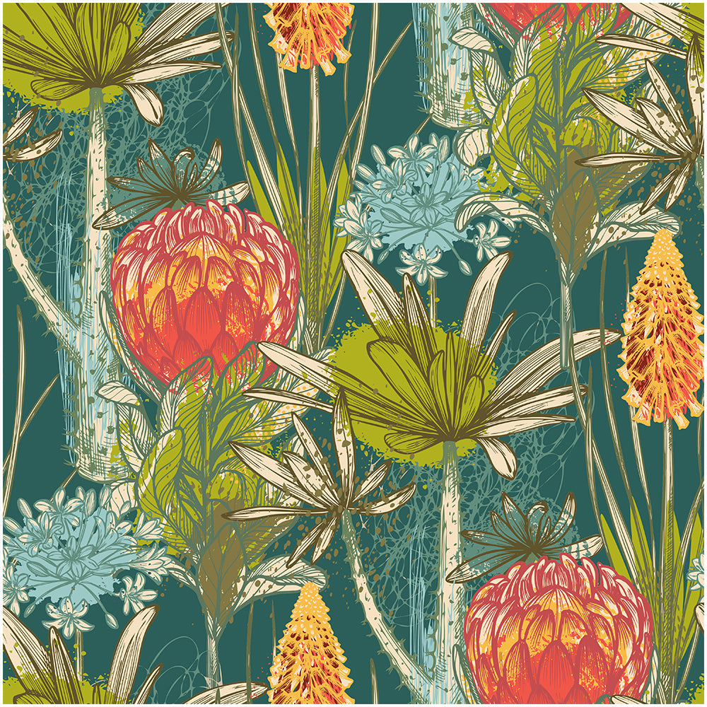 HaokHome Hand-Drawn Flower and Plant Wallpaper – Vibrant Protea, Lily, and Floral Mural on Teal Background for Living Room & Bedroom