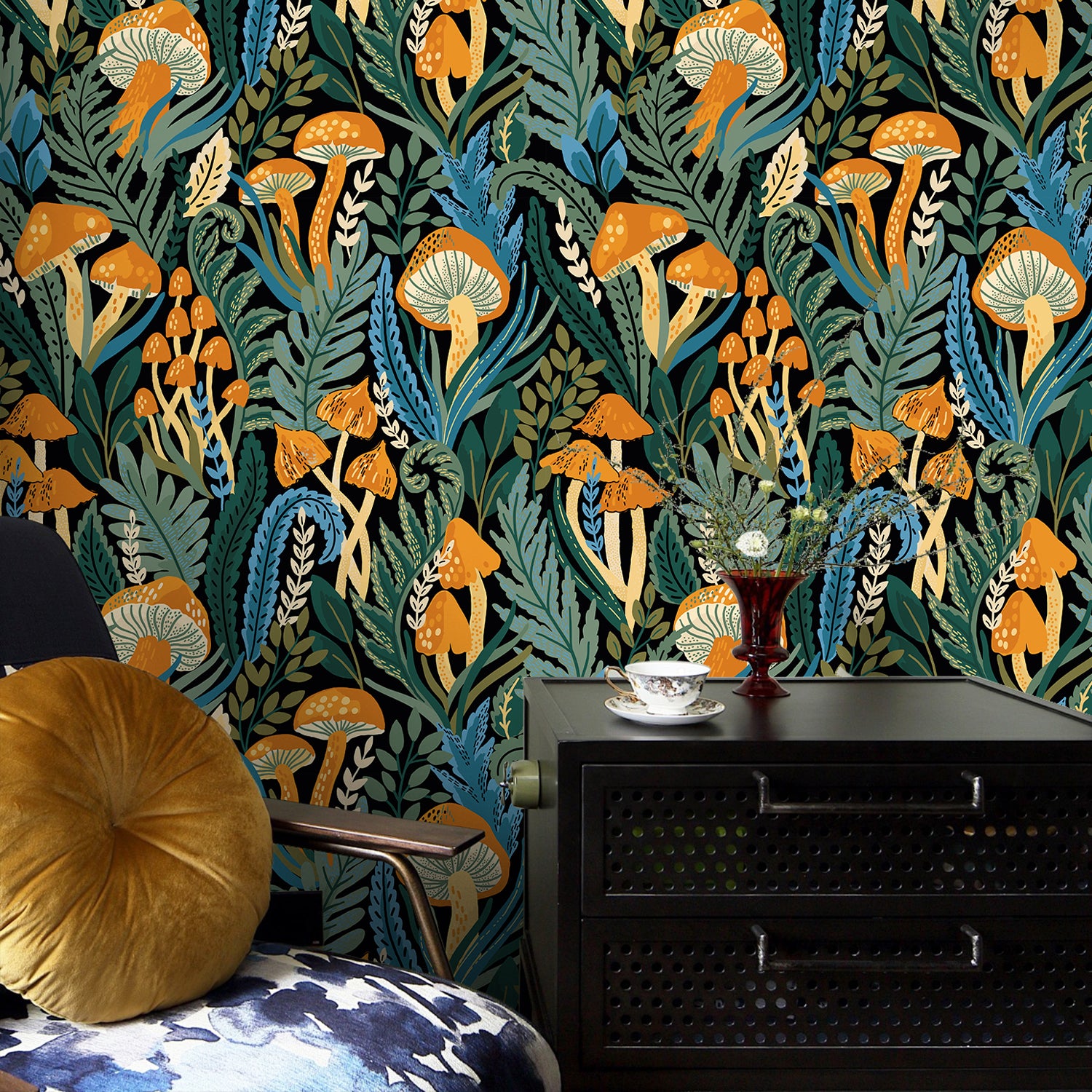 HaokHome Hand-Drawn Mushroom and Foliage Wallpaper – Black Background Nature Mural for Accent Walls & Modern Interiors