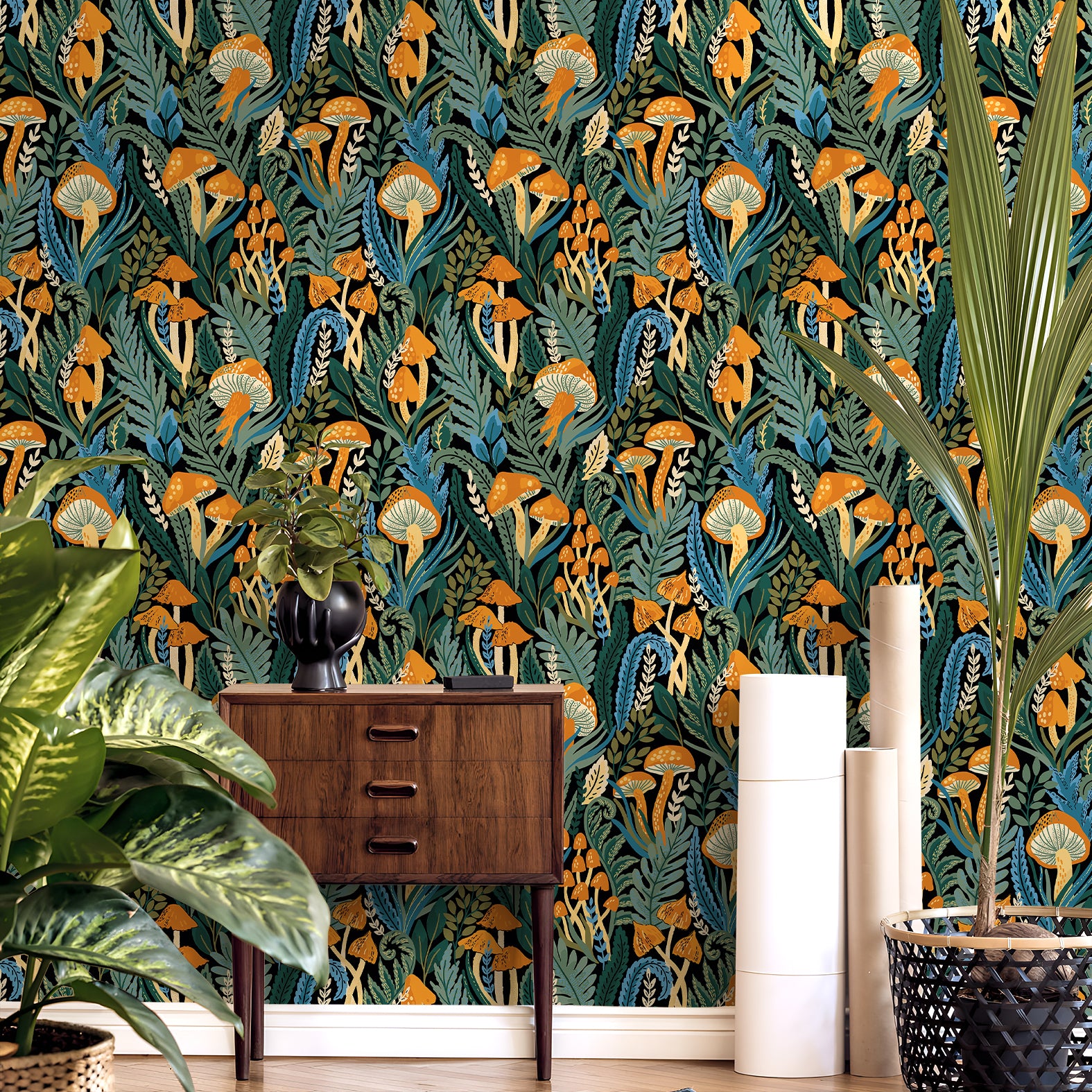 HaokHome Hand-Drawn Mushroom and Foliage Wallpaper – Black Background Nature Mural for Accent Walls & Modern Interiors