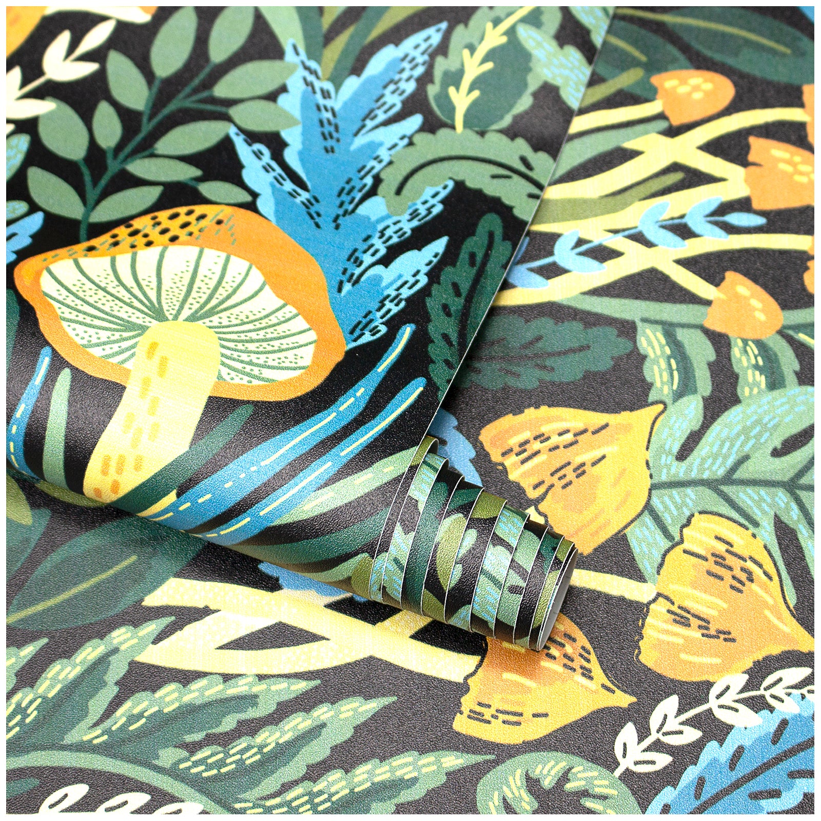 HaokHome Hand-Drawn Mushroom and Foliage Wallpaper – Black Background Nature Mural for Accent Walls & Modern Interiors