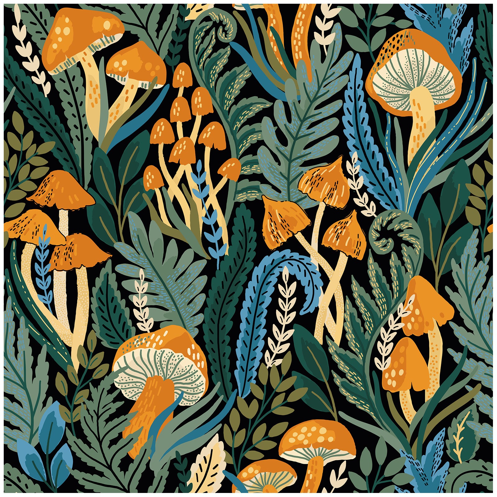 HaokHome Hand-Drawn Mushroom and Foliage Wallpaper – Black Background Nature Mural for Accent Walls & Modern Interiors