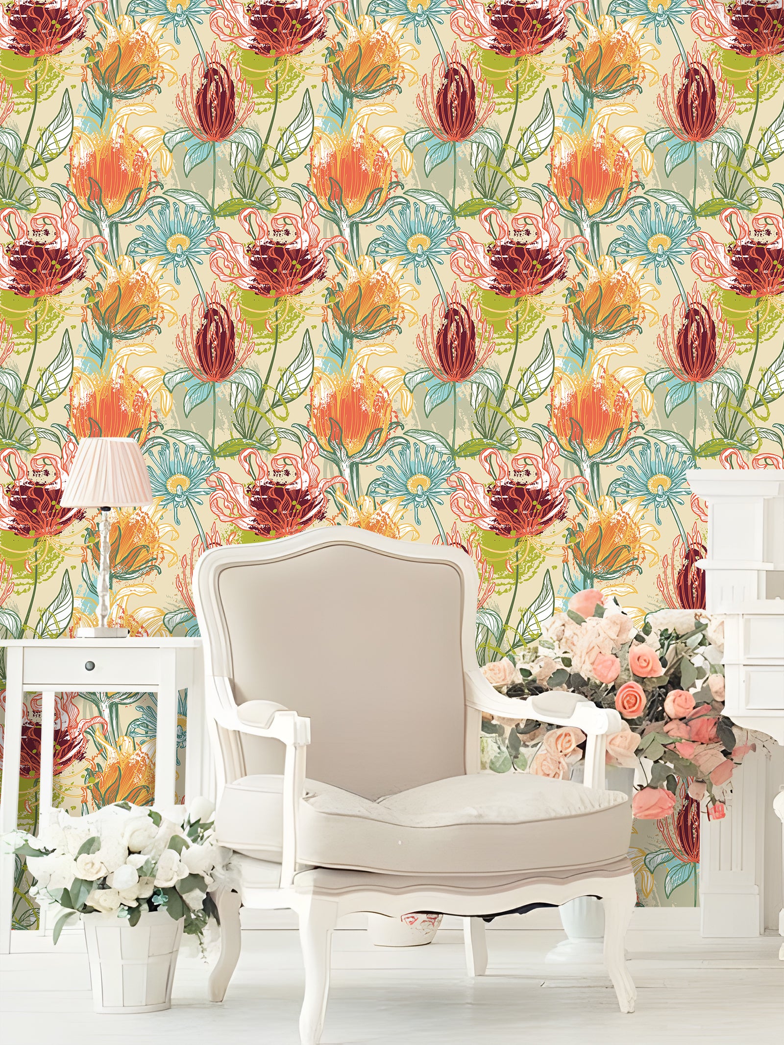HaokHome Hand-Drawn Tropical Flower Wallpaper – Vibrant Protea, Lily, and Daisy Design with Abstract Brush Strokes on Beige Background
