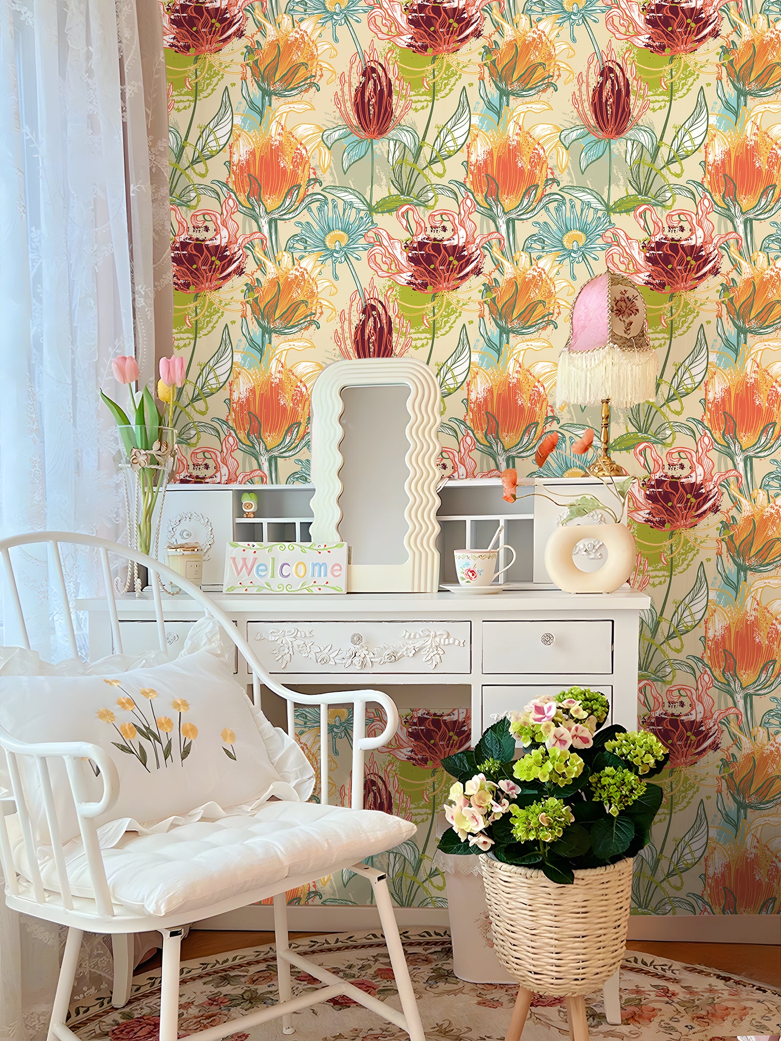 HaokHome Hand-Drawn Tropical Flower Wallpaper – Vibrant Protea, Lily, and Daisy Design with Abstract Brush Strokes on Beige Background