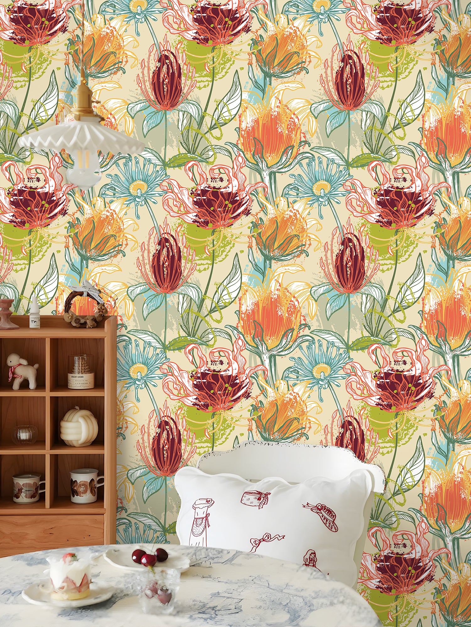 HaokHome Hand-Drawn Tropical Flower Wallpaper – Vibrant Protea, Lily, and Daisy Design with Abstract Brush Strokes on Beige Background