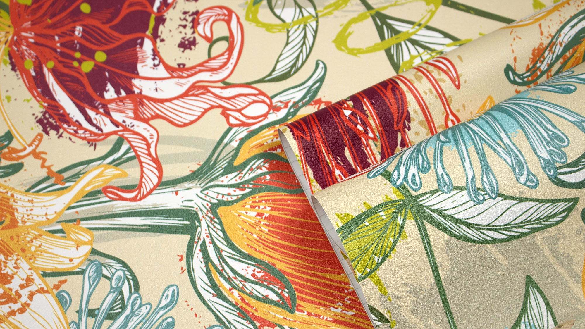 HaokHome Hand-Drawn Tropical Flower Wallpaper – Vibrant Protea, Lily, and Daisy Design with Abstract Brush Strokes on Beige Background