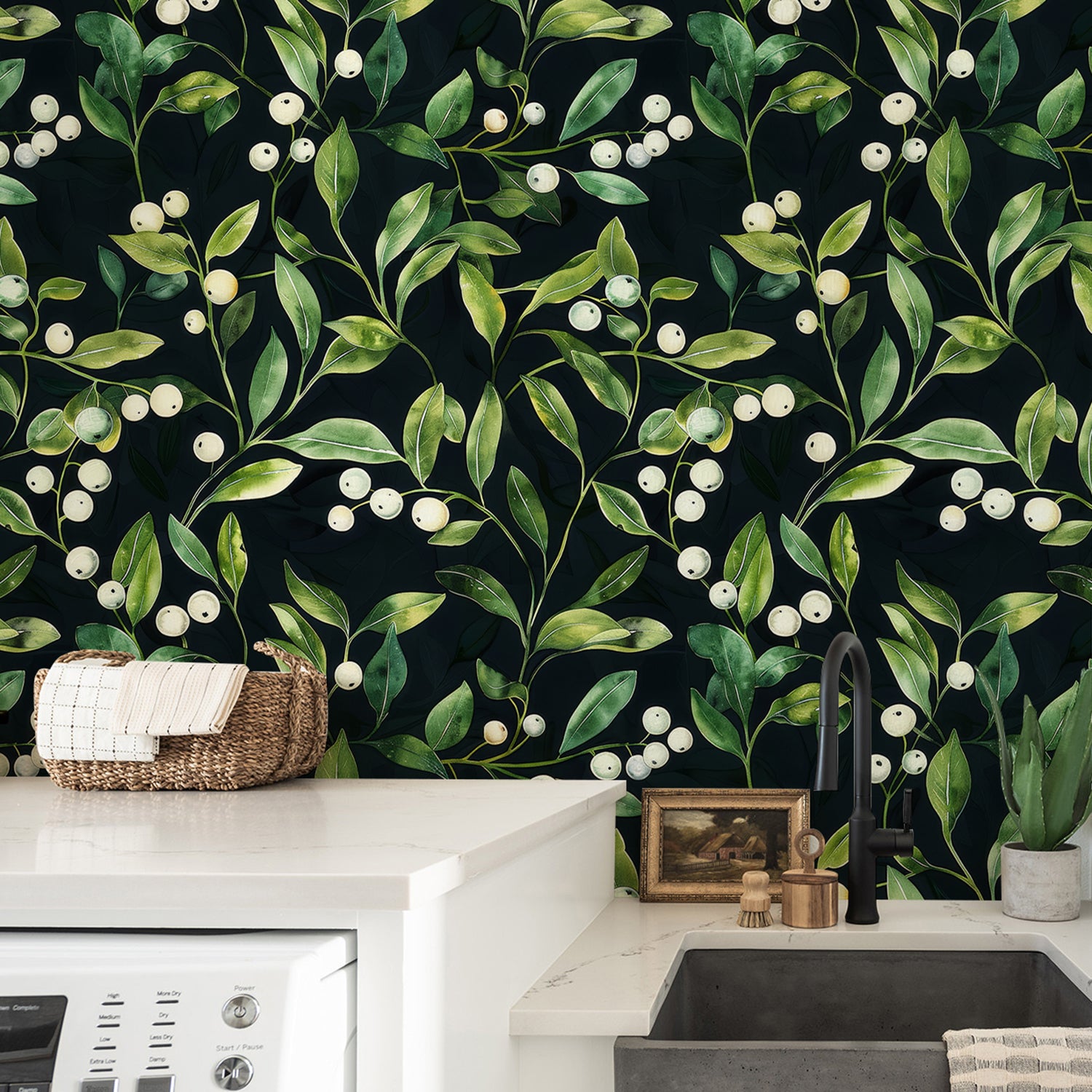 HaokHome Hand-Painted Botanical Wallpaper – Green Leaves and White Berries on Dark Background for Living Room & Bedroom