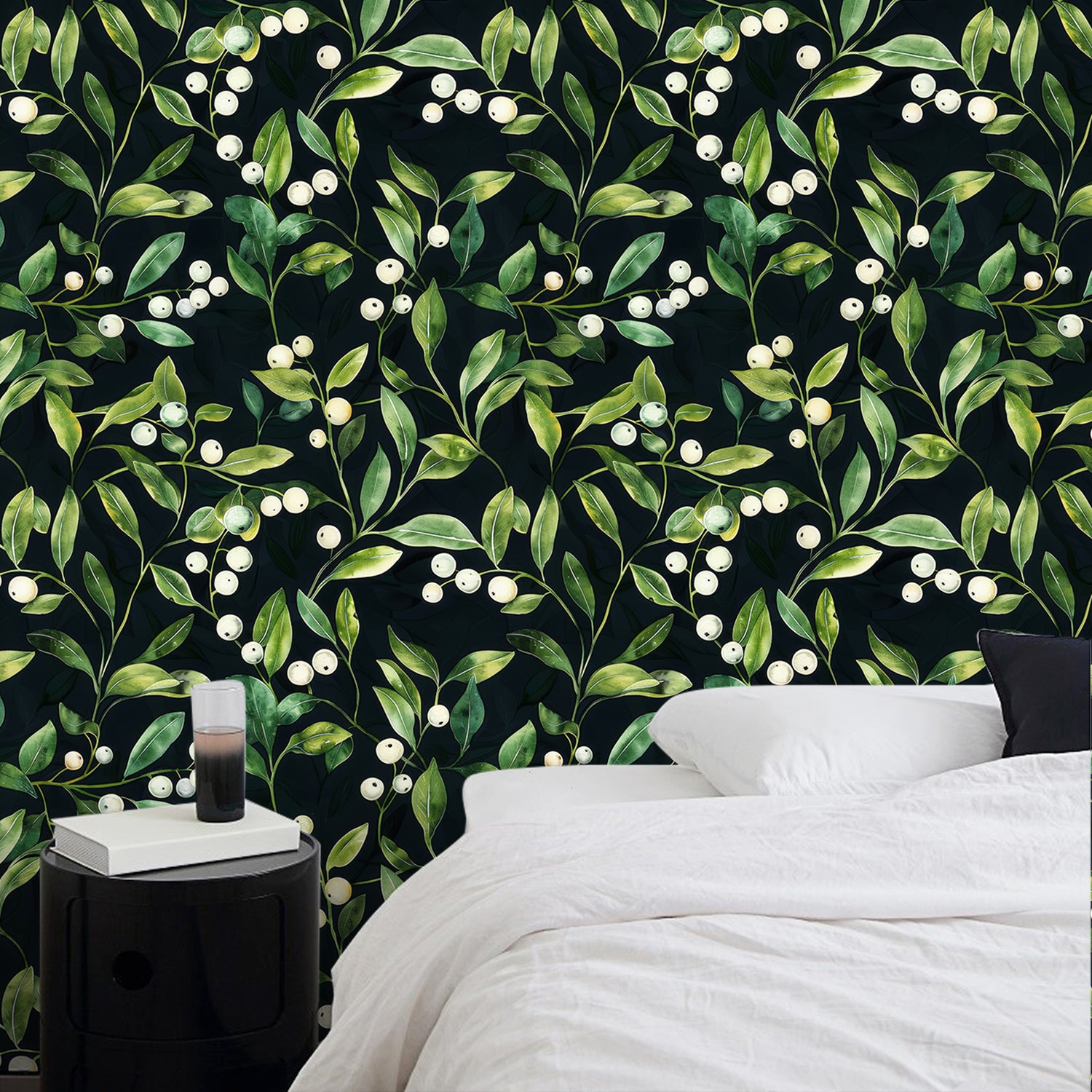 HaokHome Hand-Painted Botanical Wallpaper – Green Leaves and White Berries on Dark Background for Living Room & Bedroom