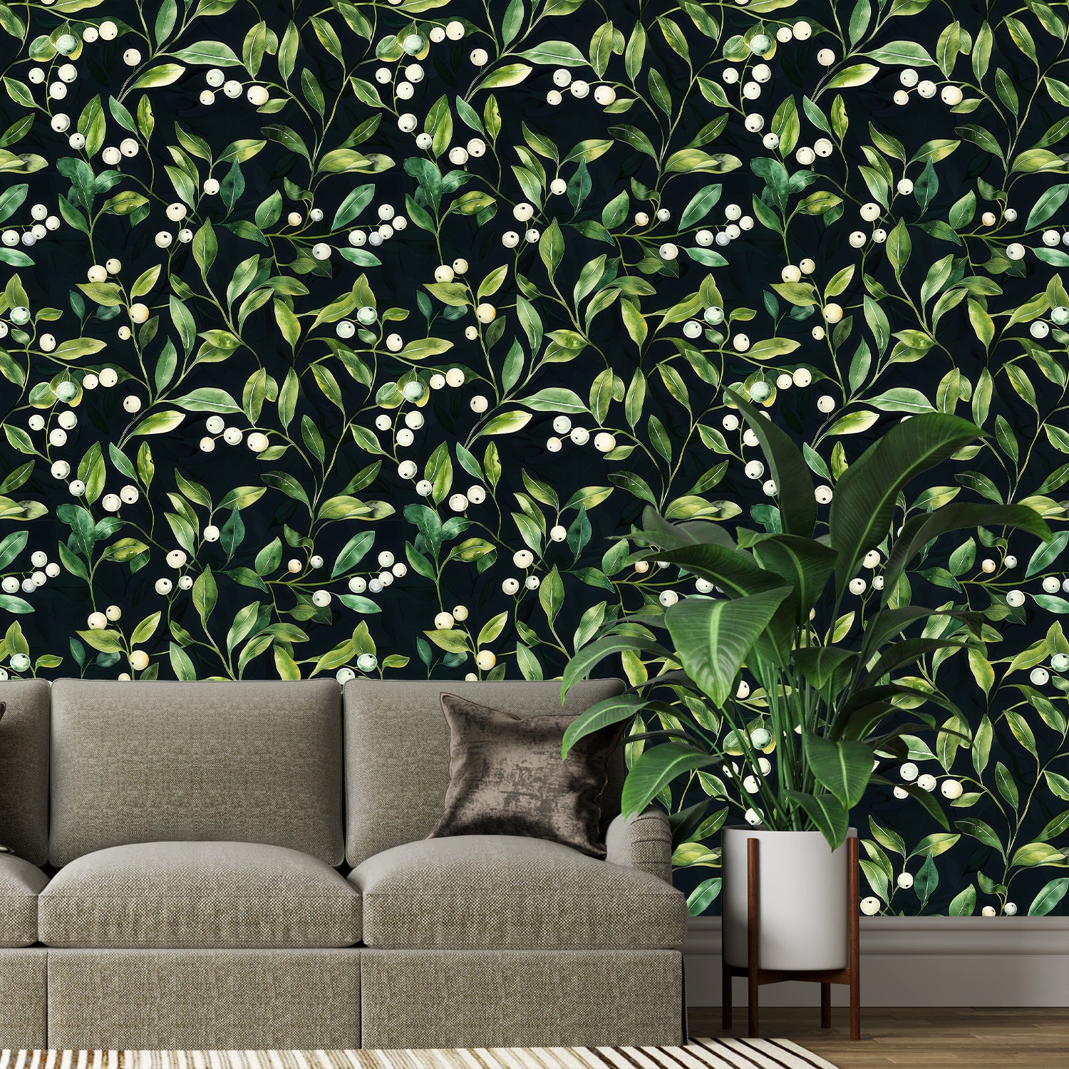 HaokHome Hand-Painted Botanical Wallpaper – Green Leaves and White Berries on Dark Background for Living Room & Bedroom