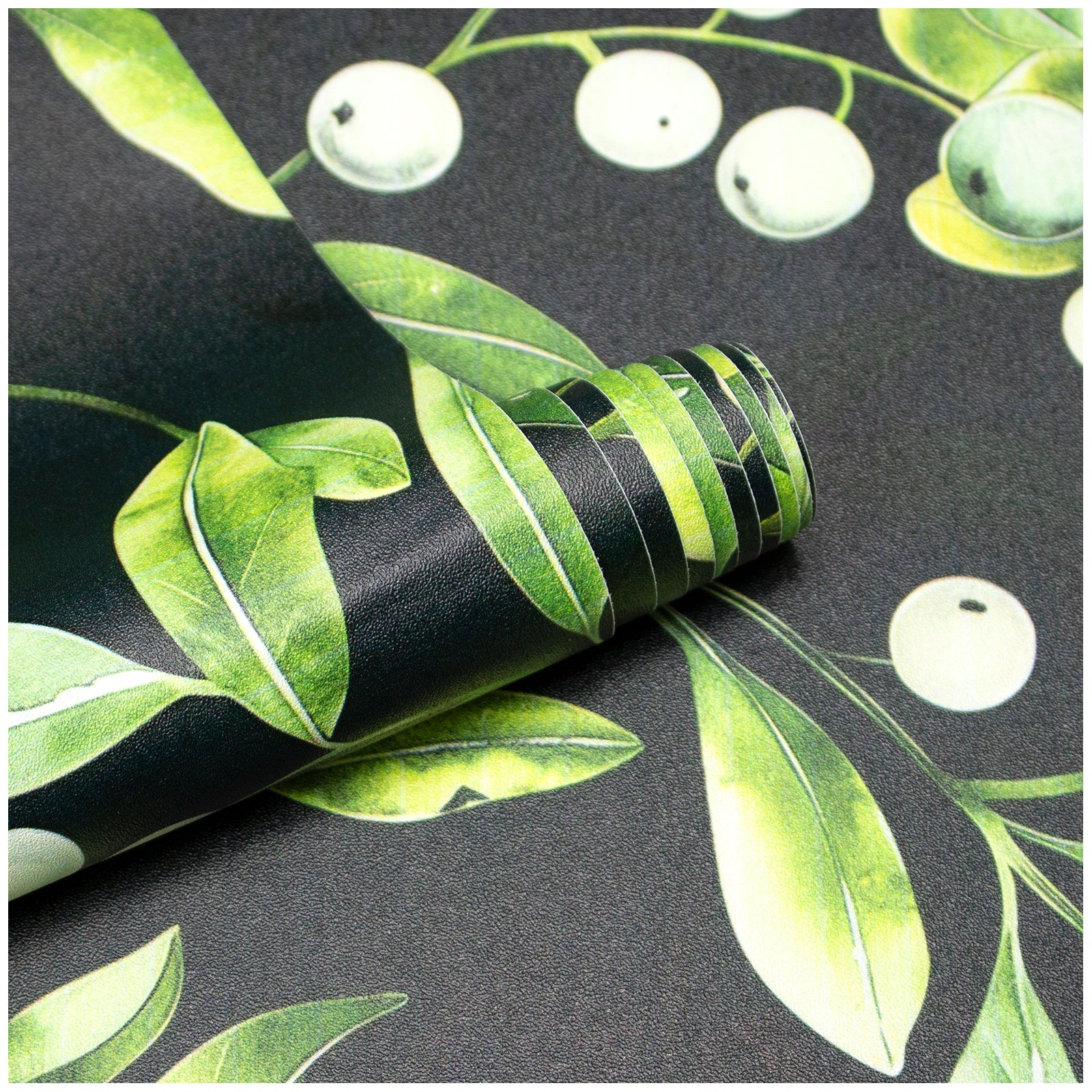 HaokHome Hand-Painted Botanical Wallpaper – Green Leaves and White Berries on Dark Background for Living Room & Bedroom