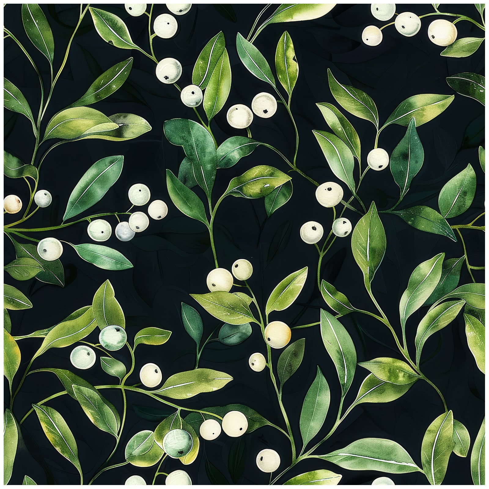 HaokHome Hand-Painted Botanical Wallpaper – Green Leaves and White Berries on Dark Background for Living Room & Bedroom