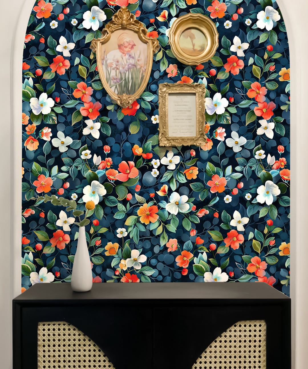 HaokHome Hand-Painted Floral Wallpaper – Vibrant Orange, White, and Yellow Flowers with Green Leaves on Dark Background