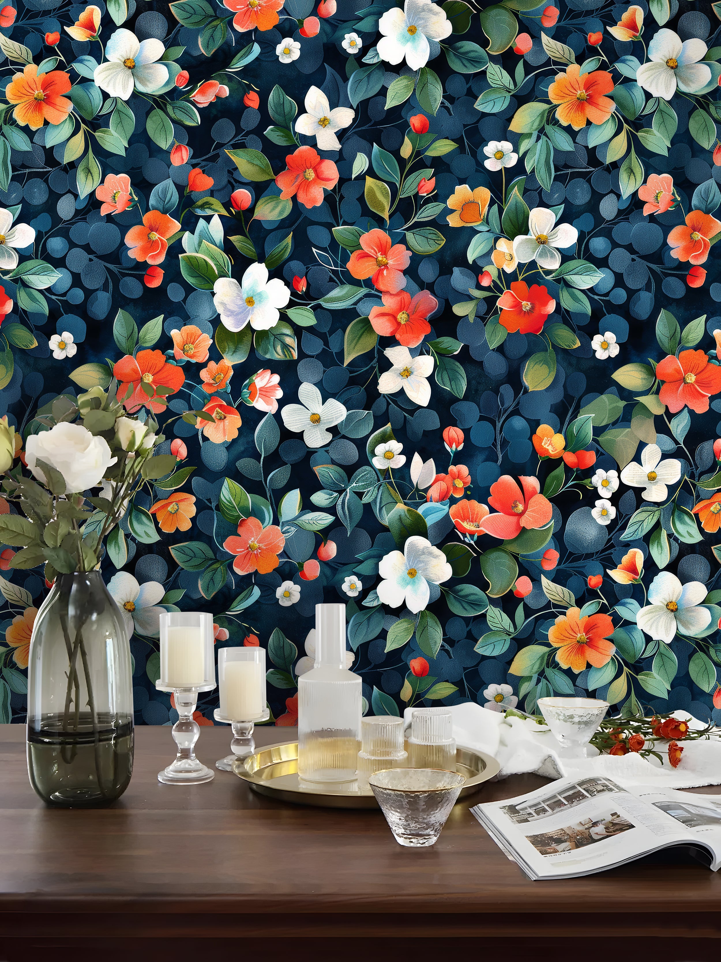 HaokHome Hand-Painted Floral Wallpaper – Vibrant Orange, White, and Yellow Flowers with Green Leaves on Dark Background