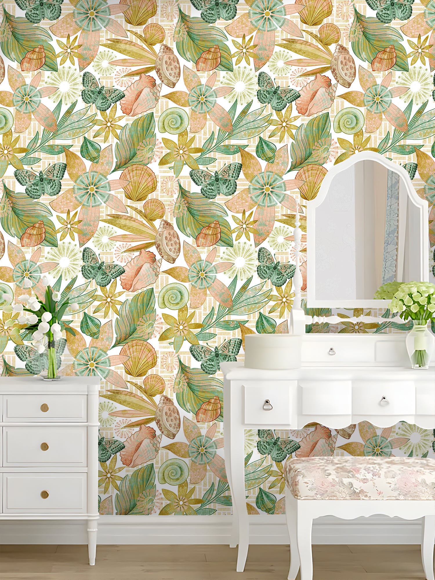 HaokHome Hand-Painted Floral and Butterfly Wallpaper with Seashells – Nature-Inspired Peel and Stick Wall Mural for Living Room & Bedroom Decor