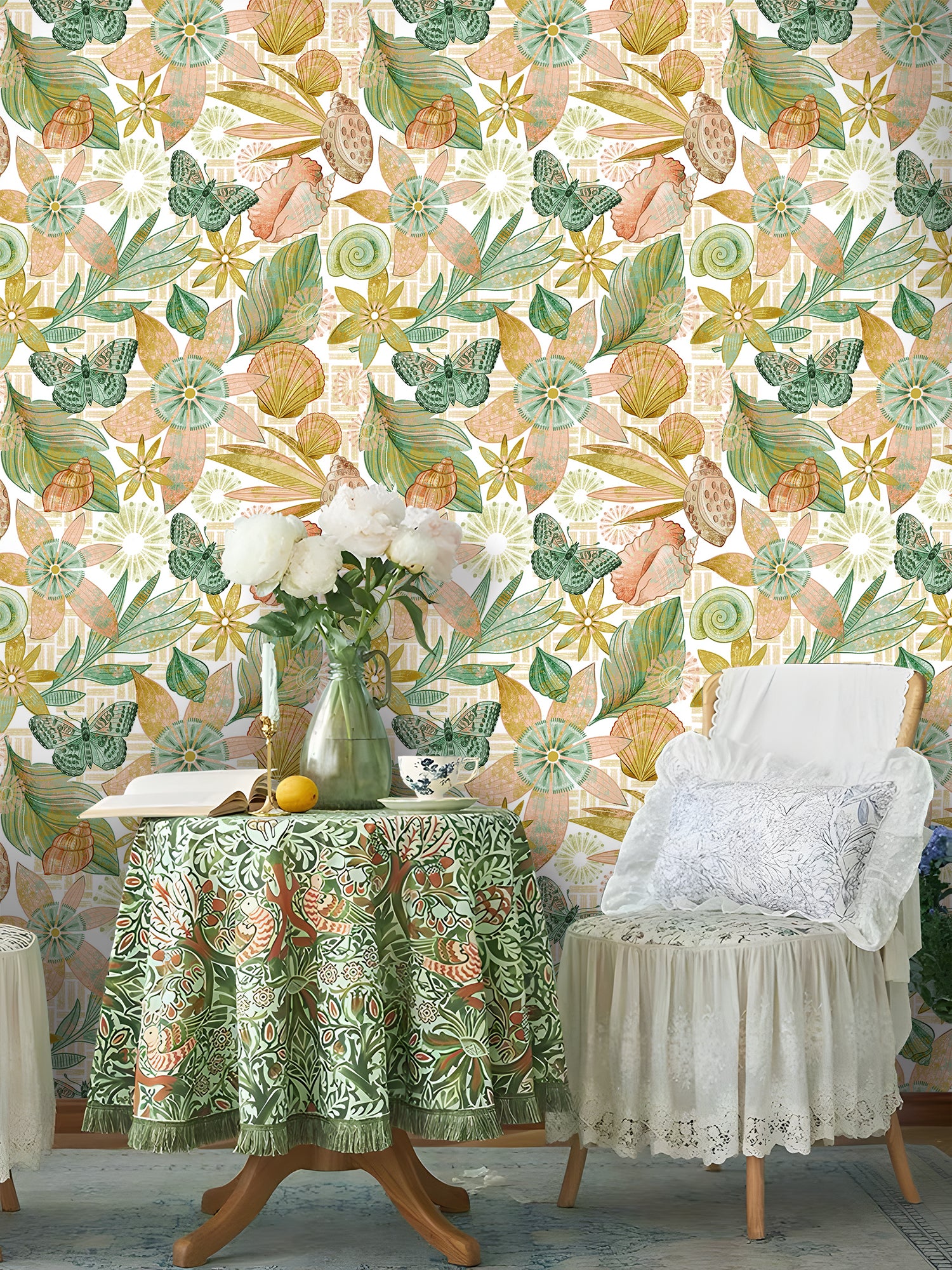 HaokHome Hand-Painted Floral and Butterfly Wallpaper with Seashells – Nature-Inspired Peel and Stick Wall Mural for Living Room & Bedroom Decor