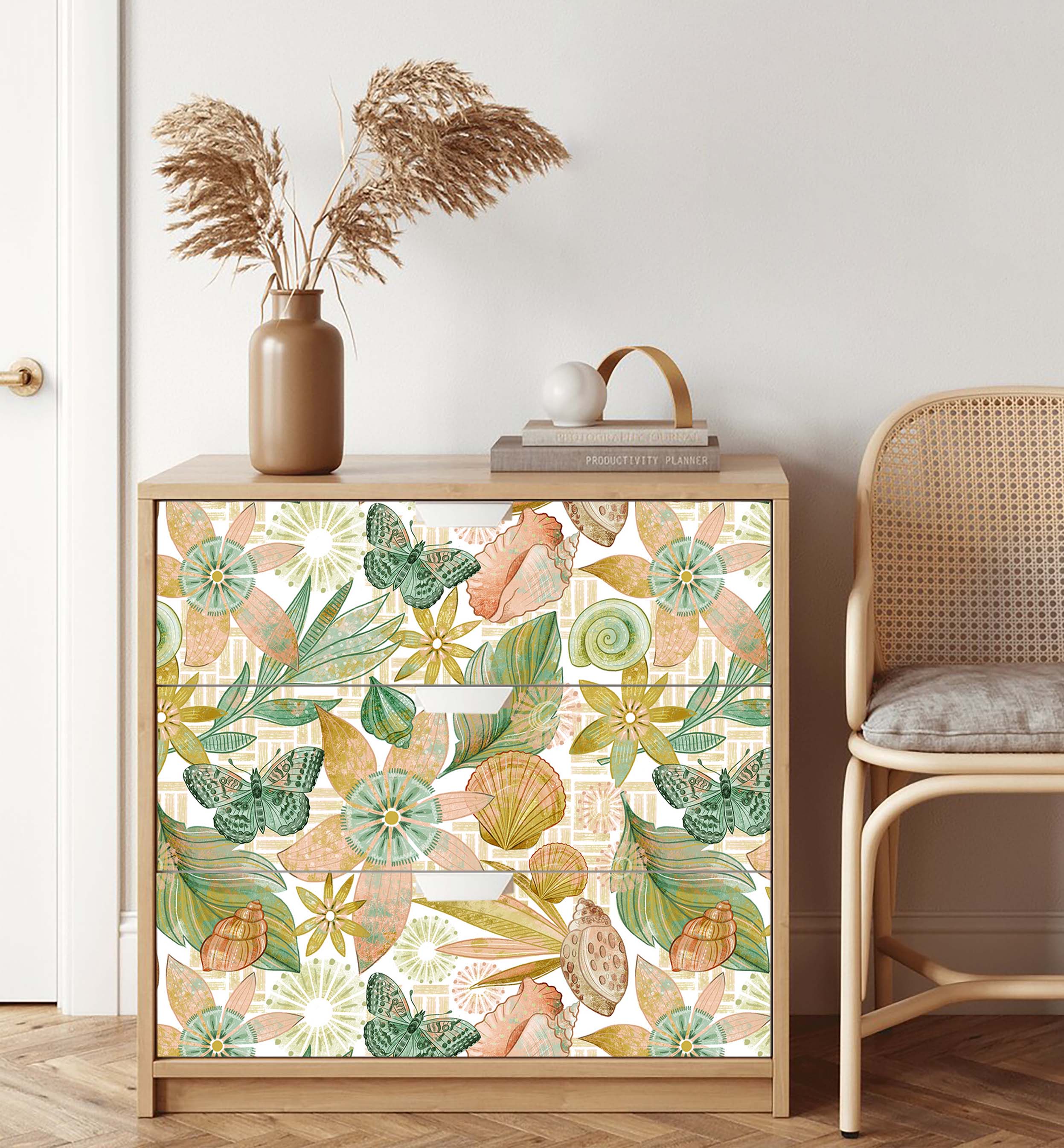 HaokHome Hand-Painted Floral and Butterfly Wallpaper with Seashells – Nature-Inspired Peel and Stick Wall Mural for Living Room & Bedroom Decor