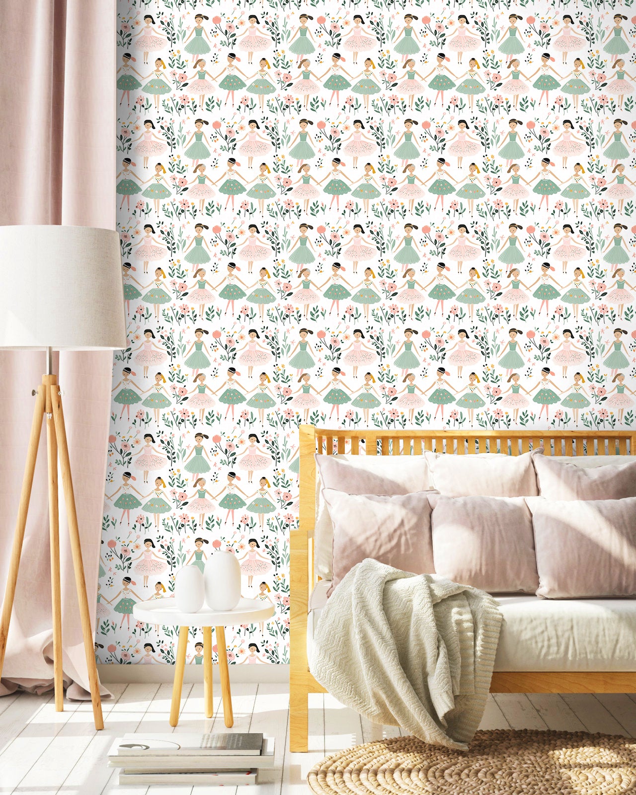 HaokHome Hand Drawn Girls Peel and Stick Wallpaper Floral Kids Room Removable Wall Decor