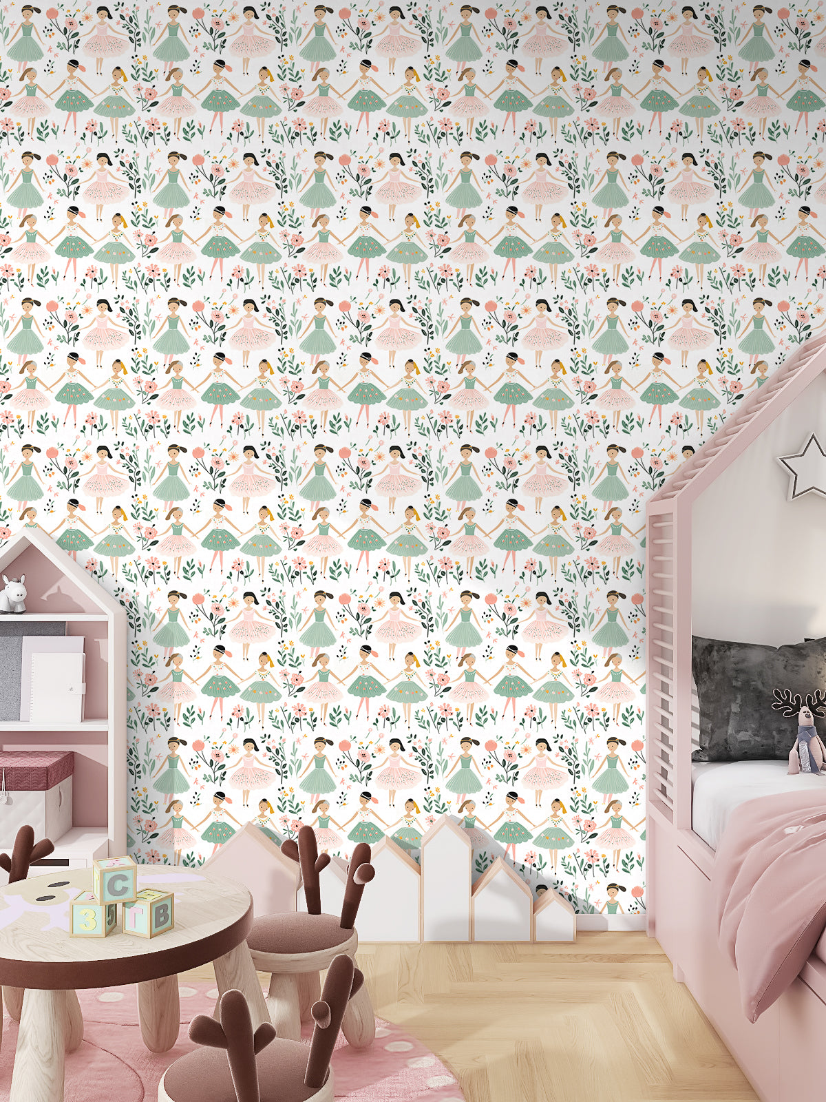 HaokHome Hand Drawn Girls Peel and Stick Wallpaper Floral Kids Room Removable Wall Decor