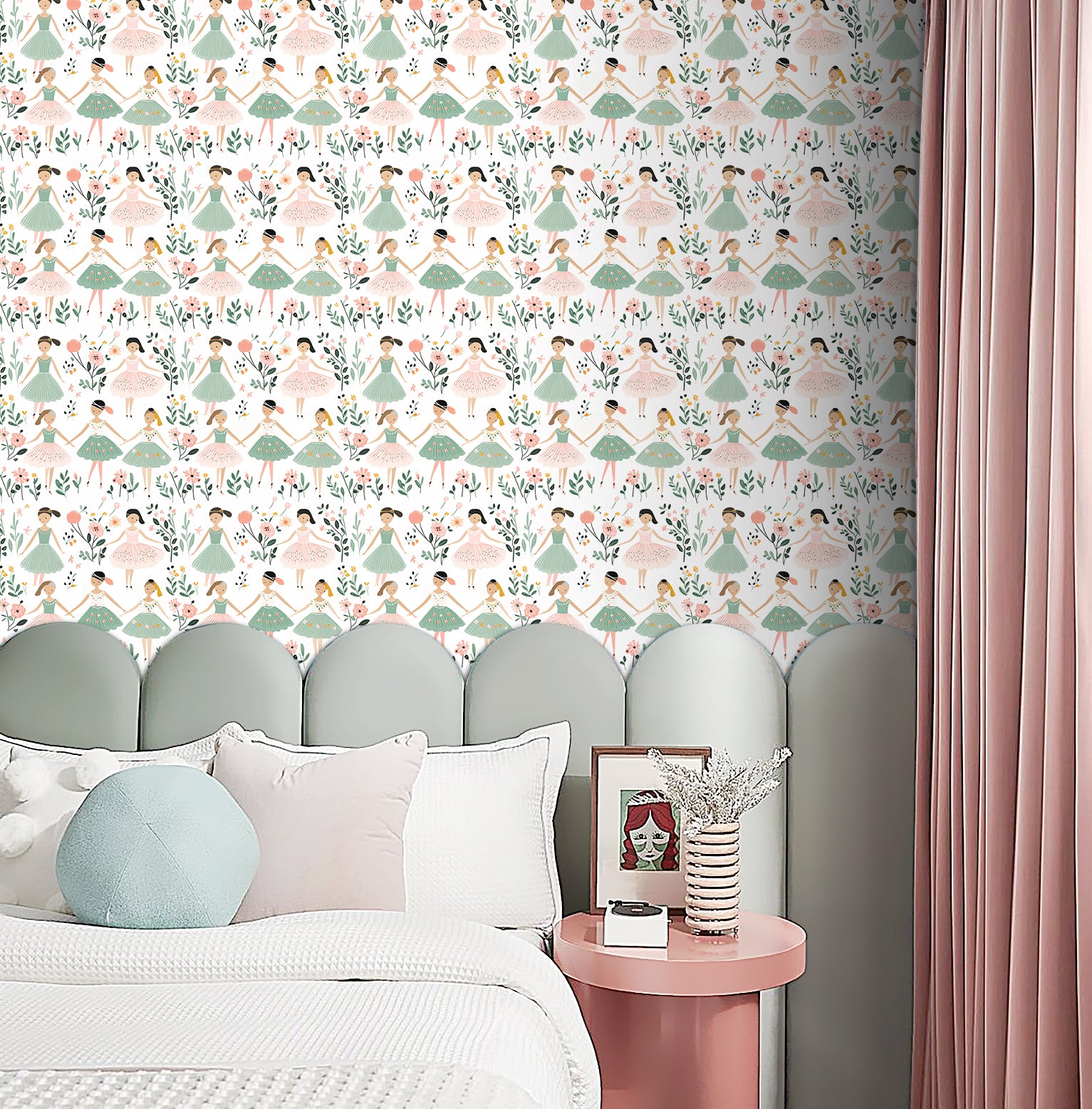 HaokHome Hand Drawn Girls Peel and Stick Wallpaper Floral Kids Room Removable Wall Decor