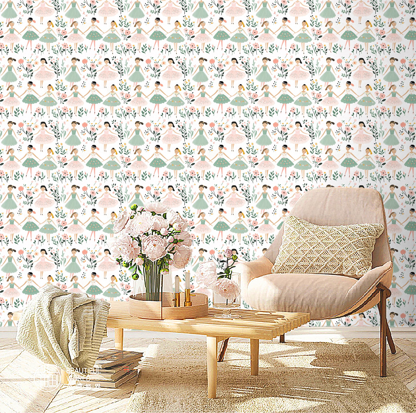 HaokHome Hand Drawn Girls Peel and Stick Wallpaper Floral Kids Room Removable Wall Decor