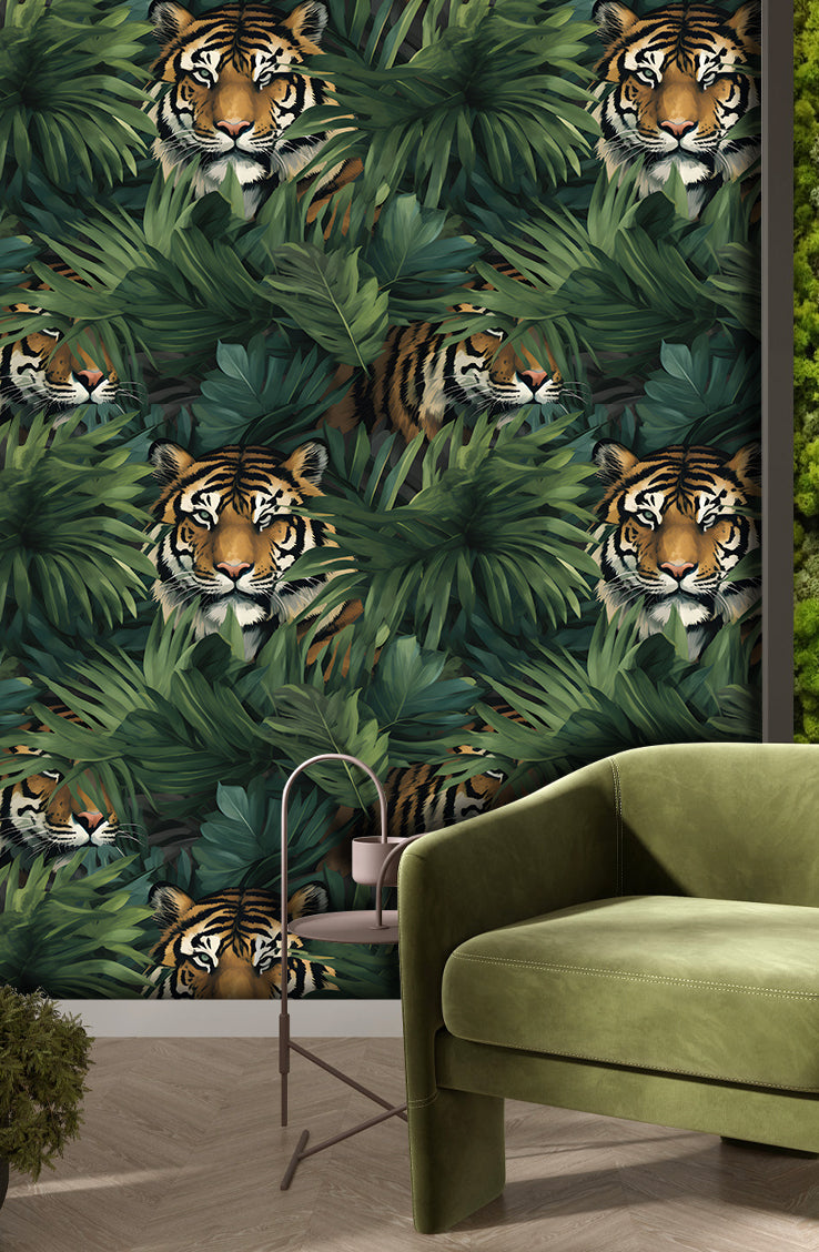 HaokHome Jungle Tiger Wallpaper - Bold Tropical Foliage and Tiger Design for Nature-Inspired Decor