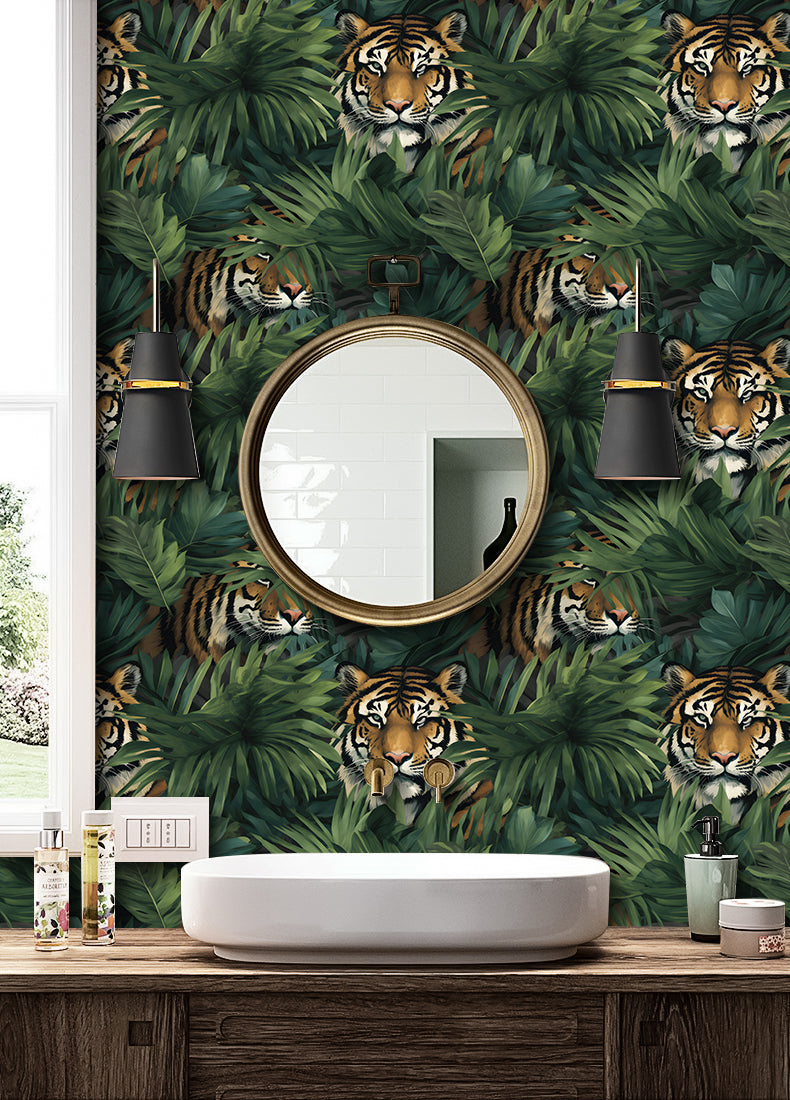 HaokHome Jungle Tiger Wallpaper - Bold Tropical Foliage and Tiger Design for Nature-Inspired Decor