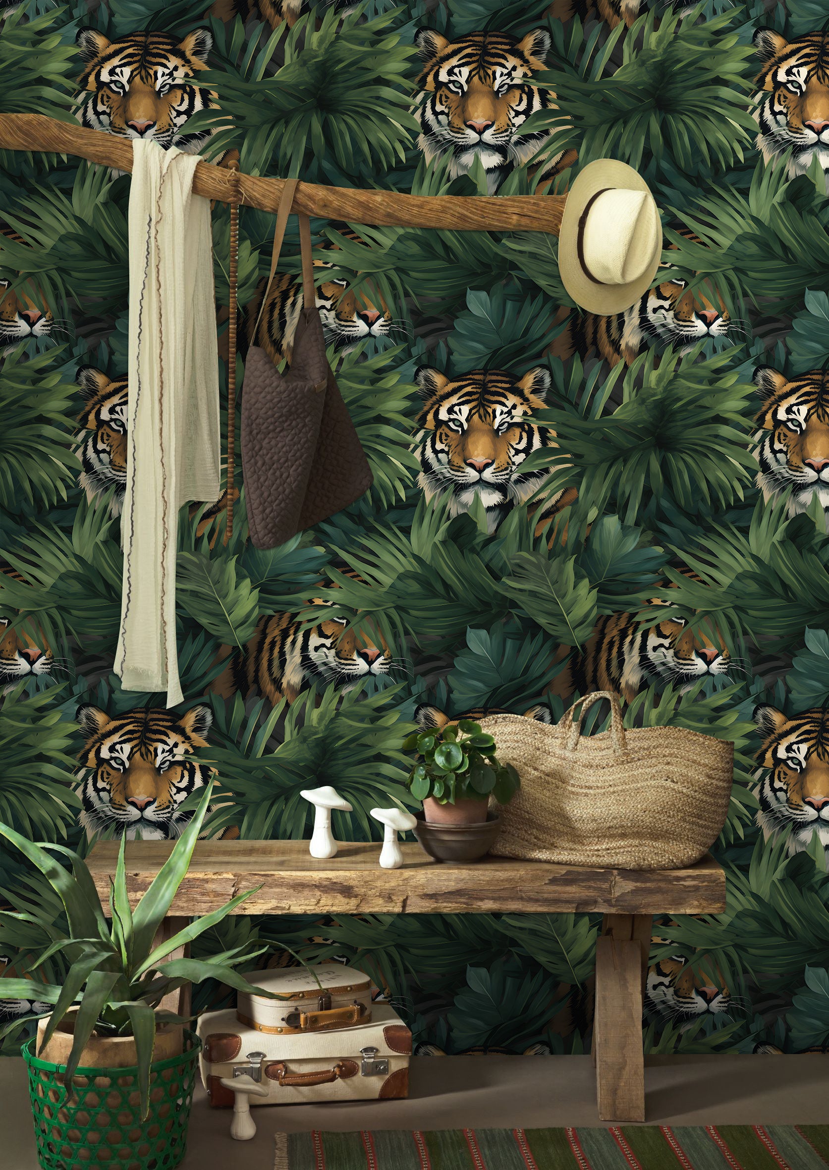 HaokHome Jungle Tiger Wallpaper - Bold Tropical Foliage and Tiger Design for Nature-Inspired Decor