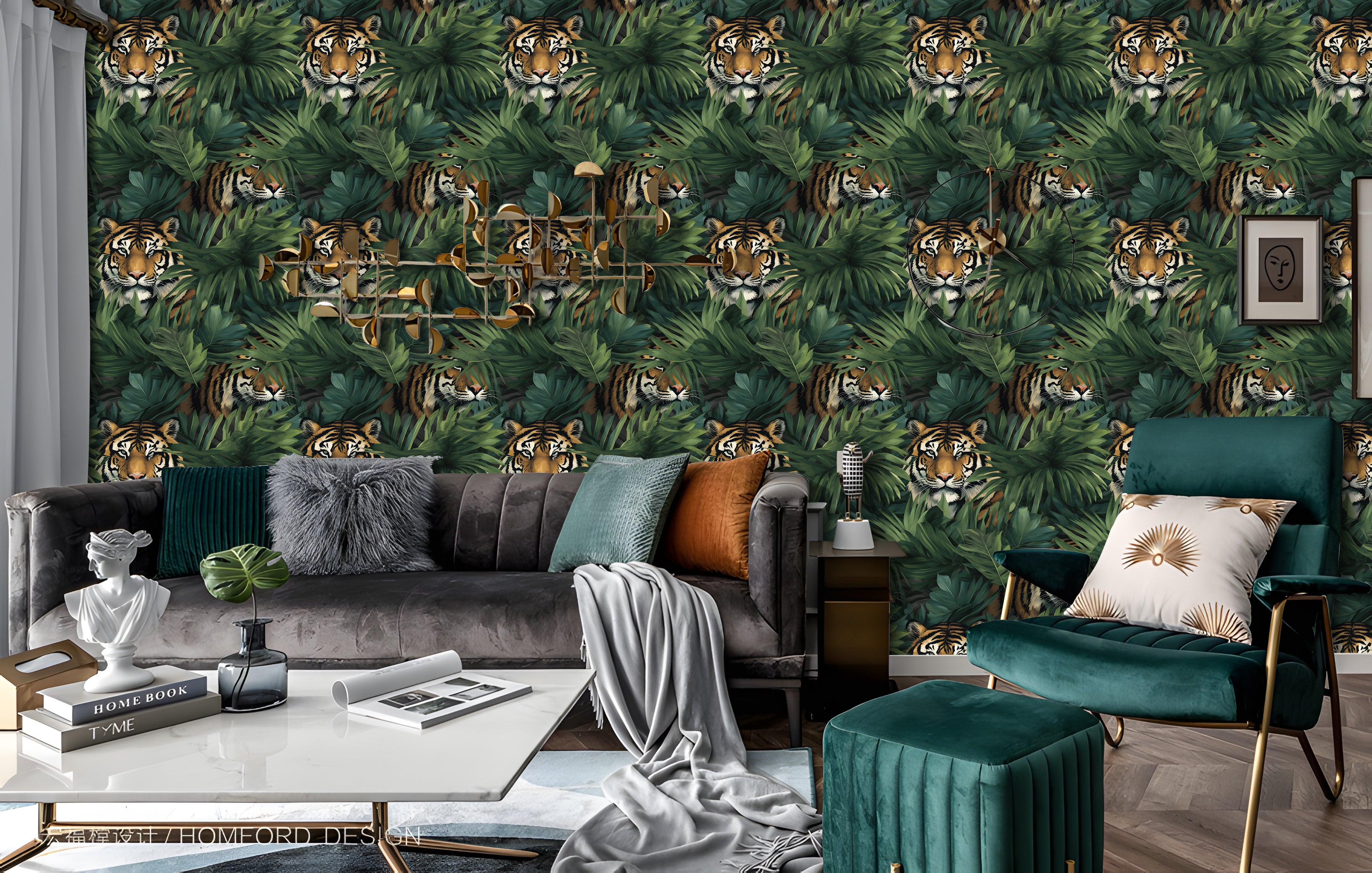 HaokHome Jungle Tiger Wallpaper - Bold Tropical Foliage and Tiger Design for Nature-Inspired Decor