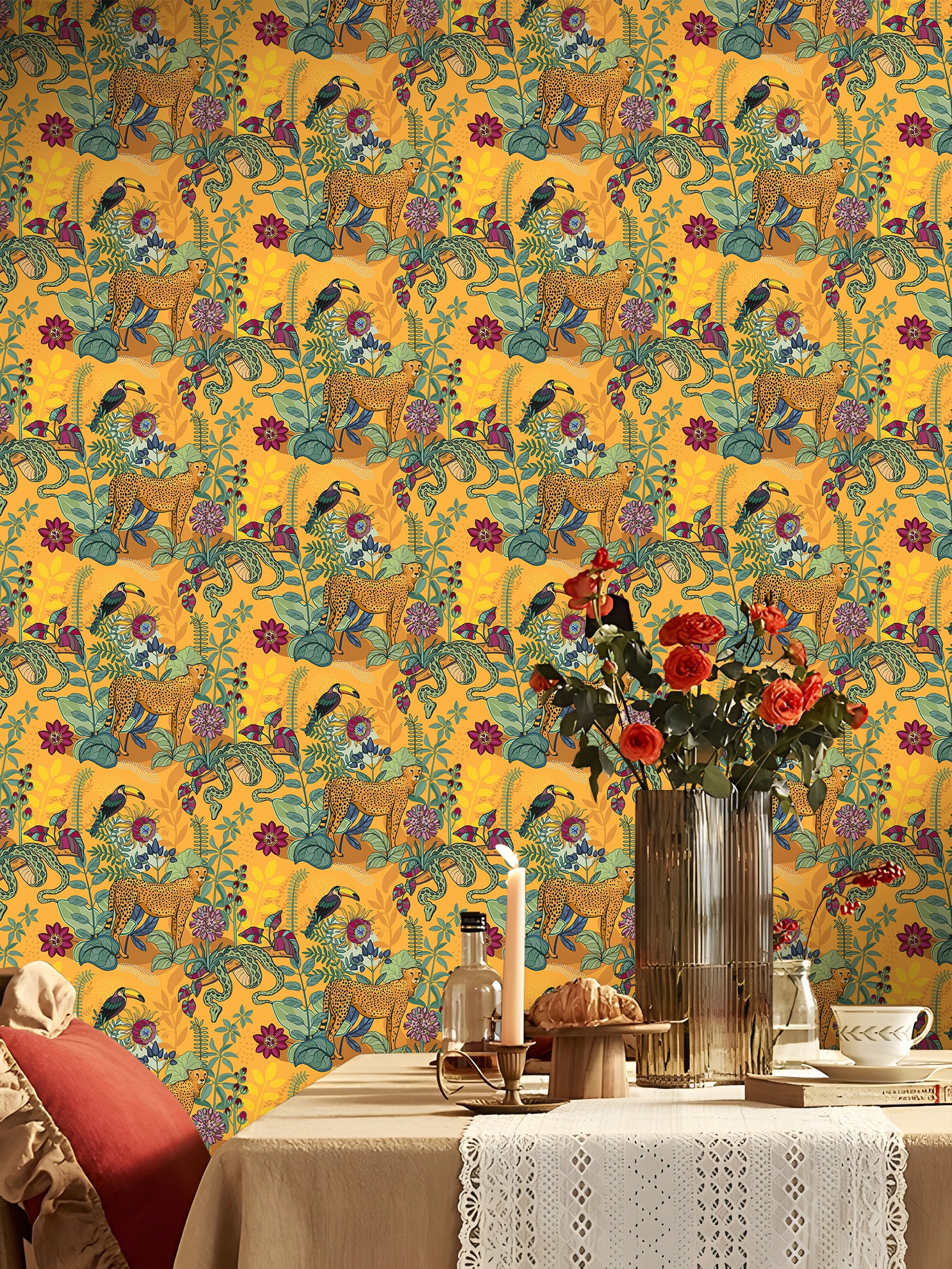 HaokHome Leopard, Tropical Birds, and Floral Wallpaper – Hand-Drawn Cheetah, Toucan, and Exotic Plants on Orange Background