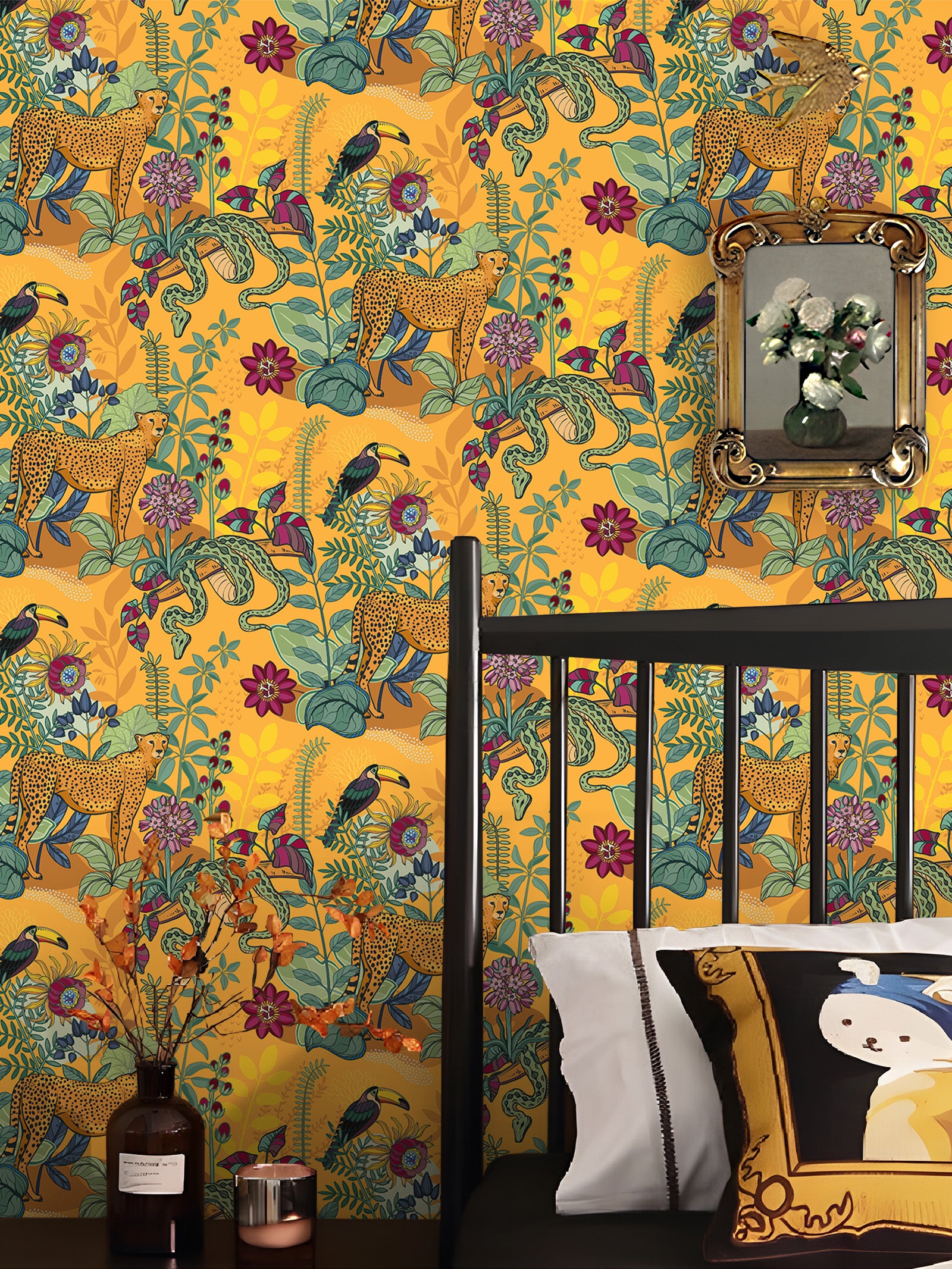 HaokHome Leopard, Tropical Birds, and Floral Wallpaper – Hand-Drawn Cheetah, Toucan, and Exotic Plants on Orange Background