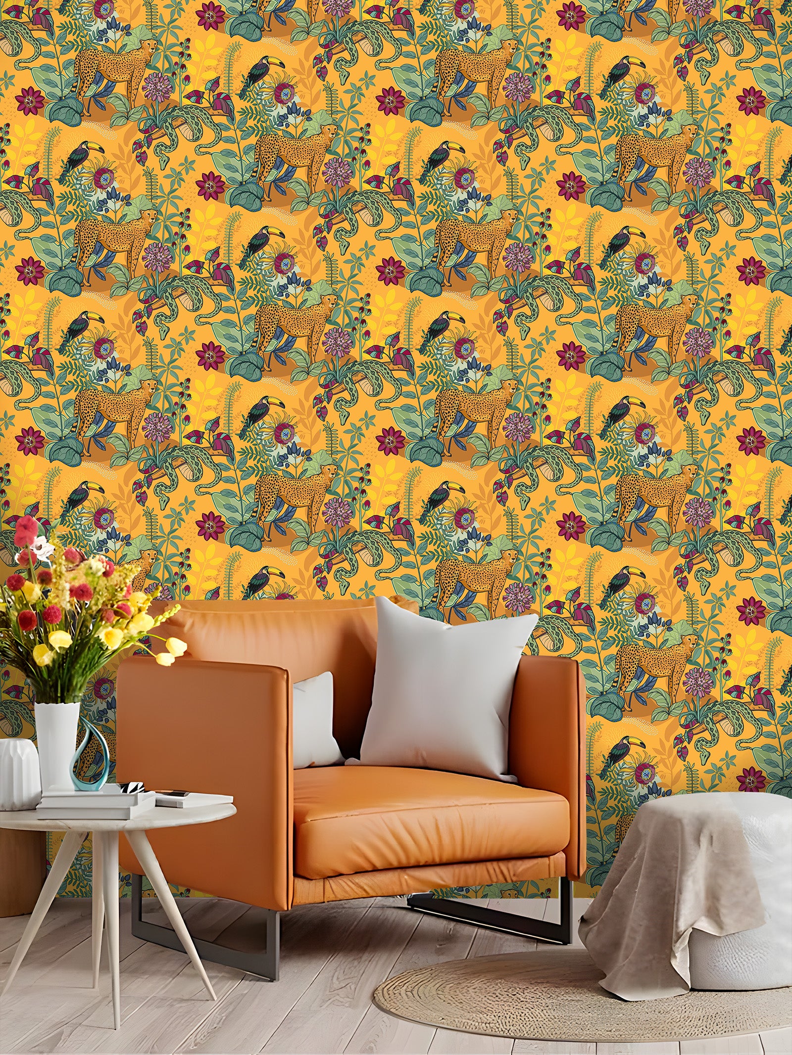 HaokHome Leopard, Tropical Birds, and Floral Wallpaper – Hand-Drawn Cheetah, Toucan, and Exotic Plants on Orange Background