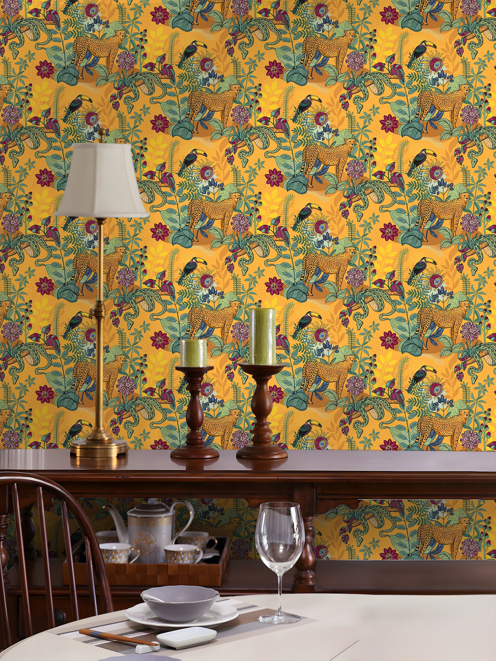 HaokHome Leopard, Tropical Birds, and Floral Wallpaper – Hand-Drawn Cheetah, Toucan, and Exotic Plants on Orange Background