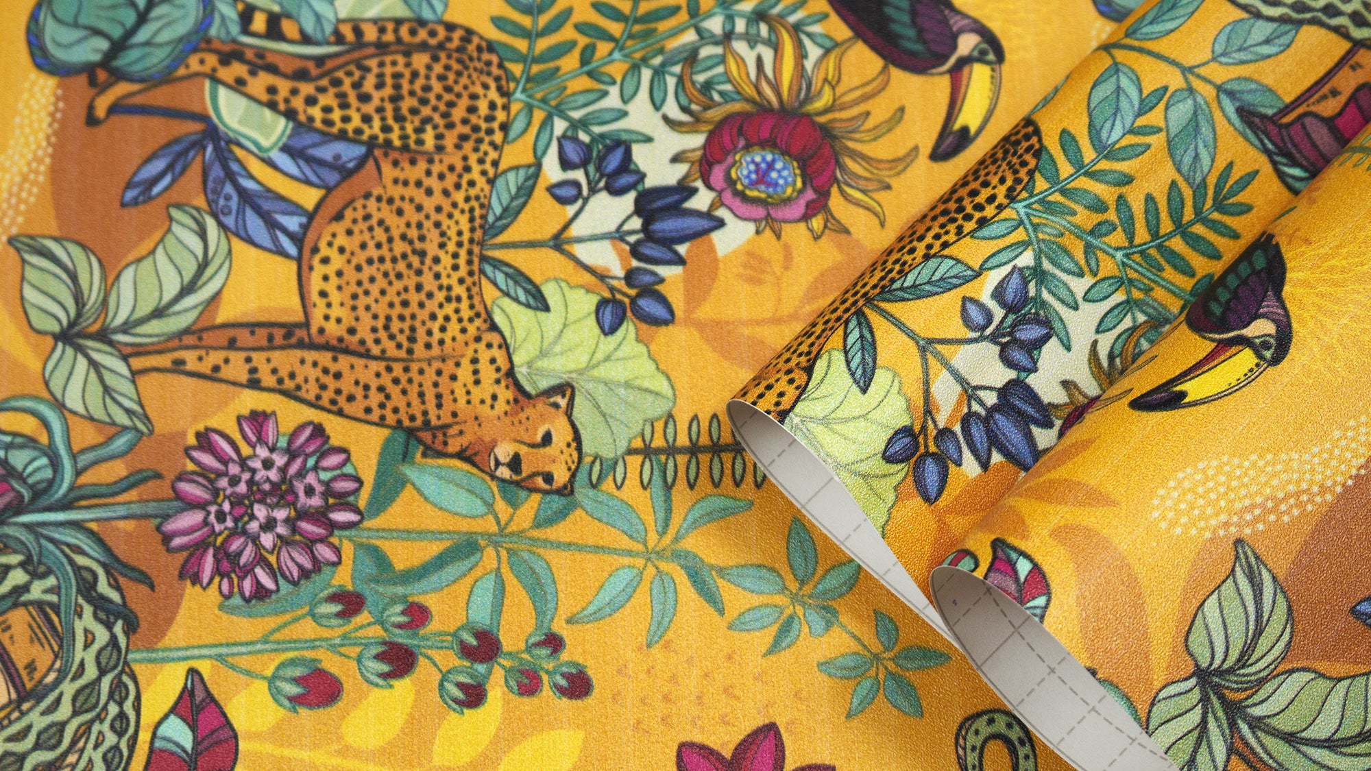 HaokHome Leopard, Tropical Birds, and Floral Wallpaper – Hand-Drawn Cheetah, Toucan, and Exotic Plants on Orange Background
