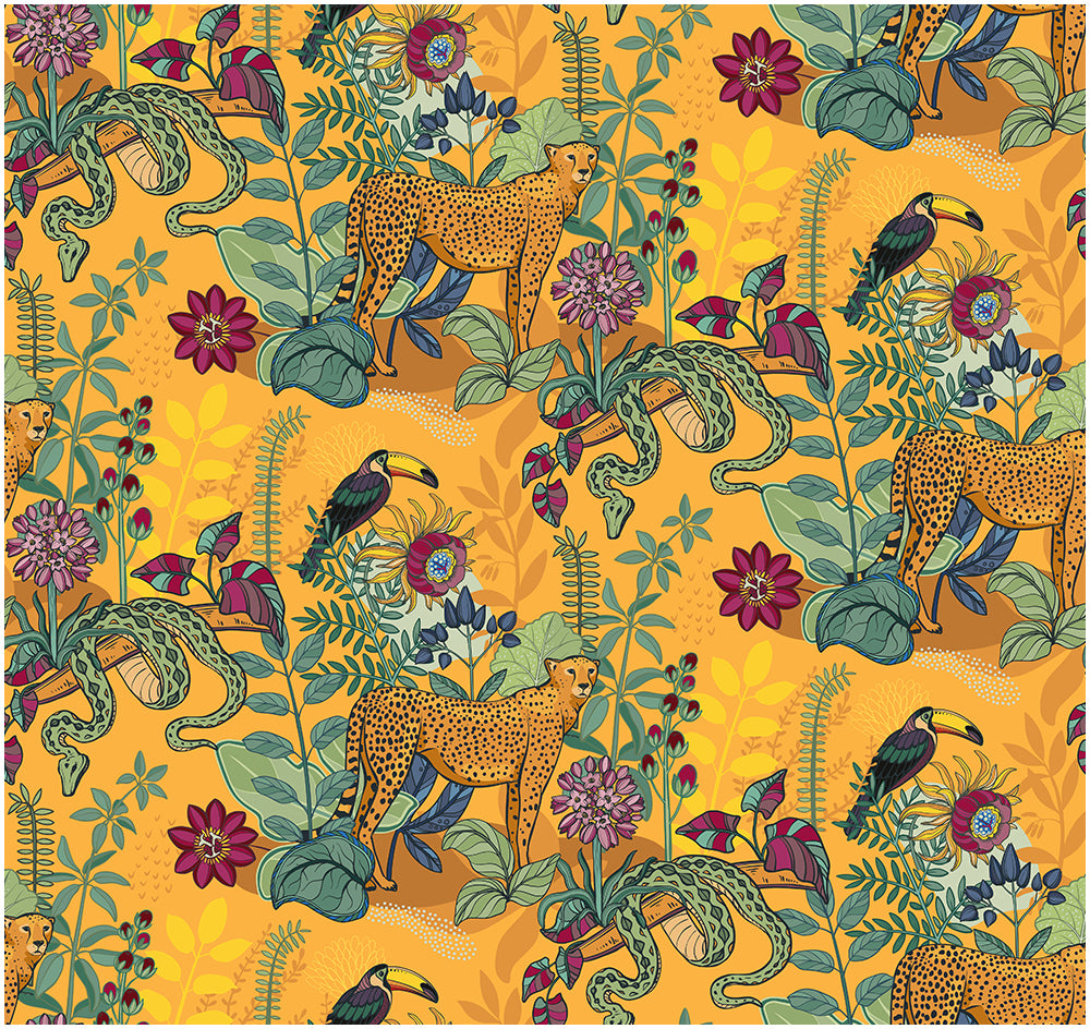 HaokHome Leopard, Tropical Birds, and Floral Wallpaper – Hand-Drawn Cheetah, Toucan, and Exotic Plants on Orange Background