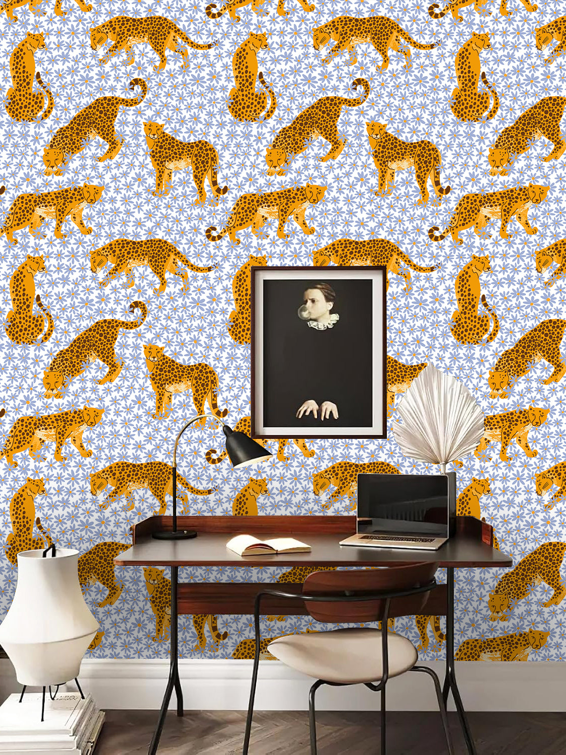 HaokHome Leopard and Flower Wallpaper – Hand-Drawn Cheetahs with Daisies on Blue Background for Living Room & Bedroom