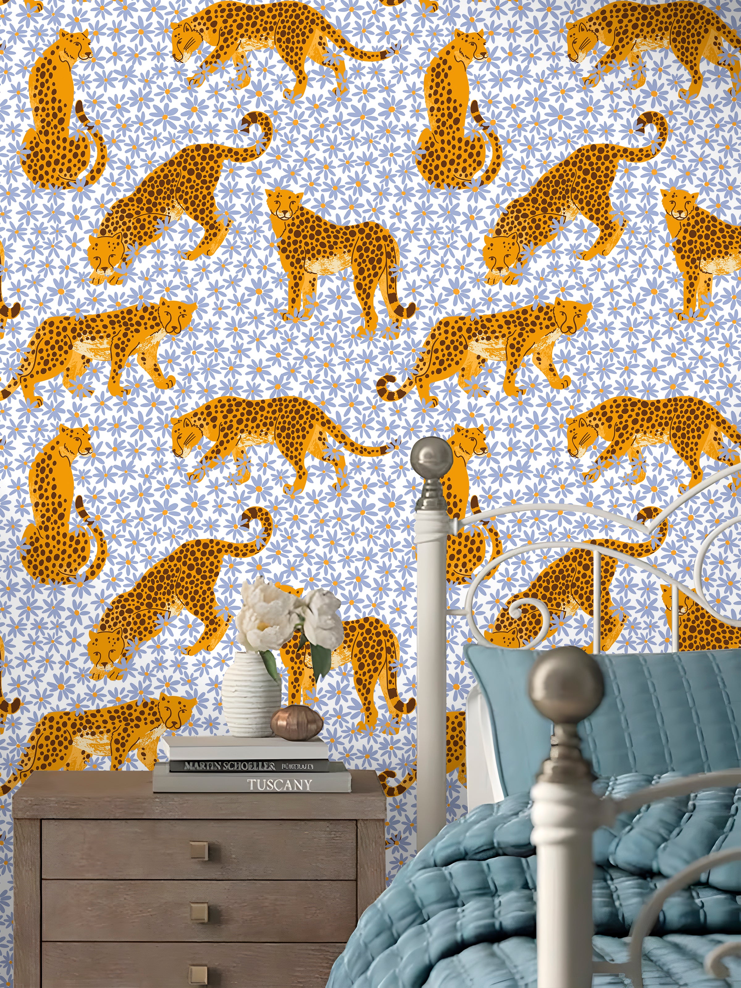 HaokHome Leopard and Flower Wallpaper – Hand-Drawn Cheetahs with Daisies on Blue Background for Living Room & Bedroom