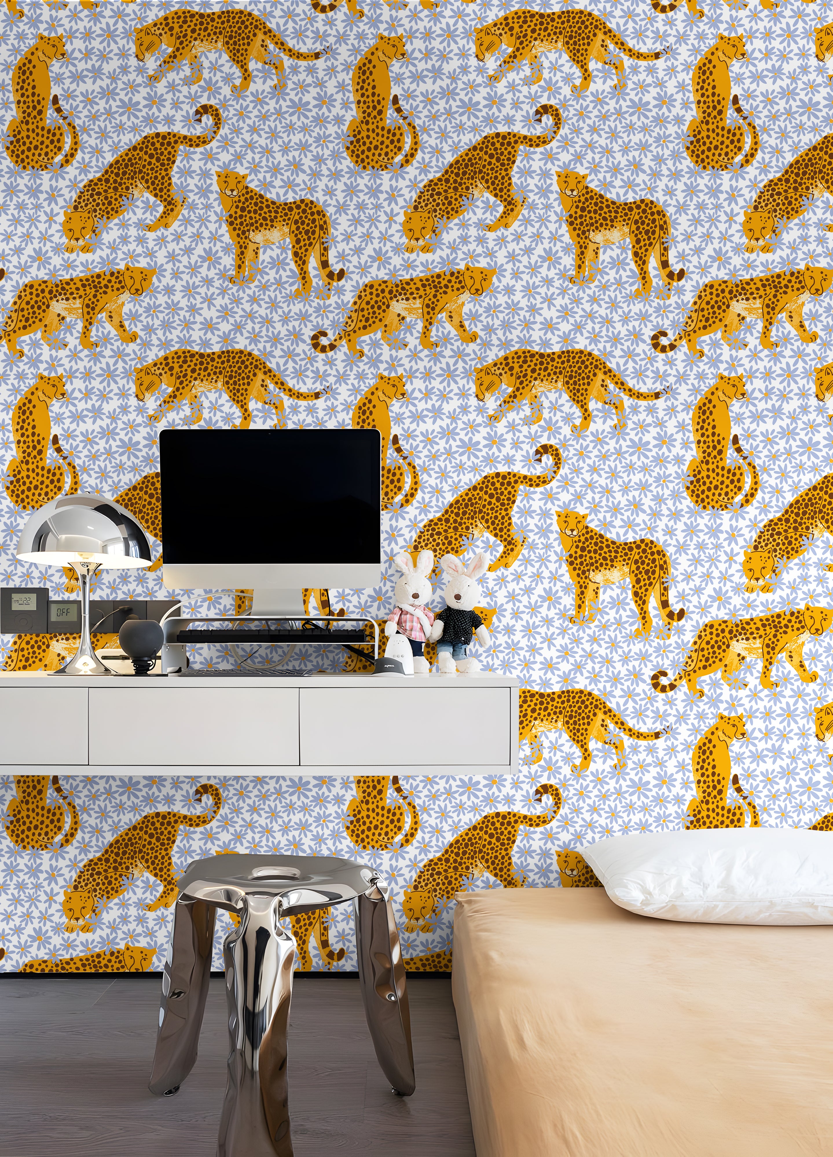 HaokHome Leopard and Flower Wallpaper – Hand-Drawn Cheetahs with Daisies on Blue Background for Living Room & Bedroom
