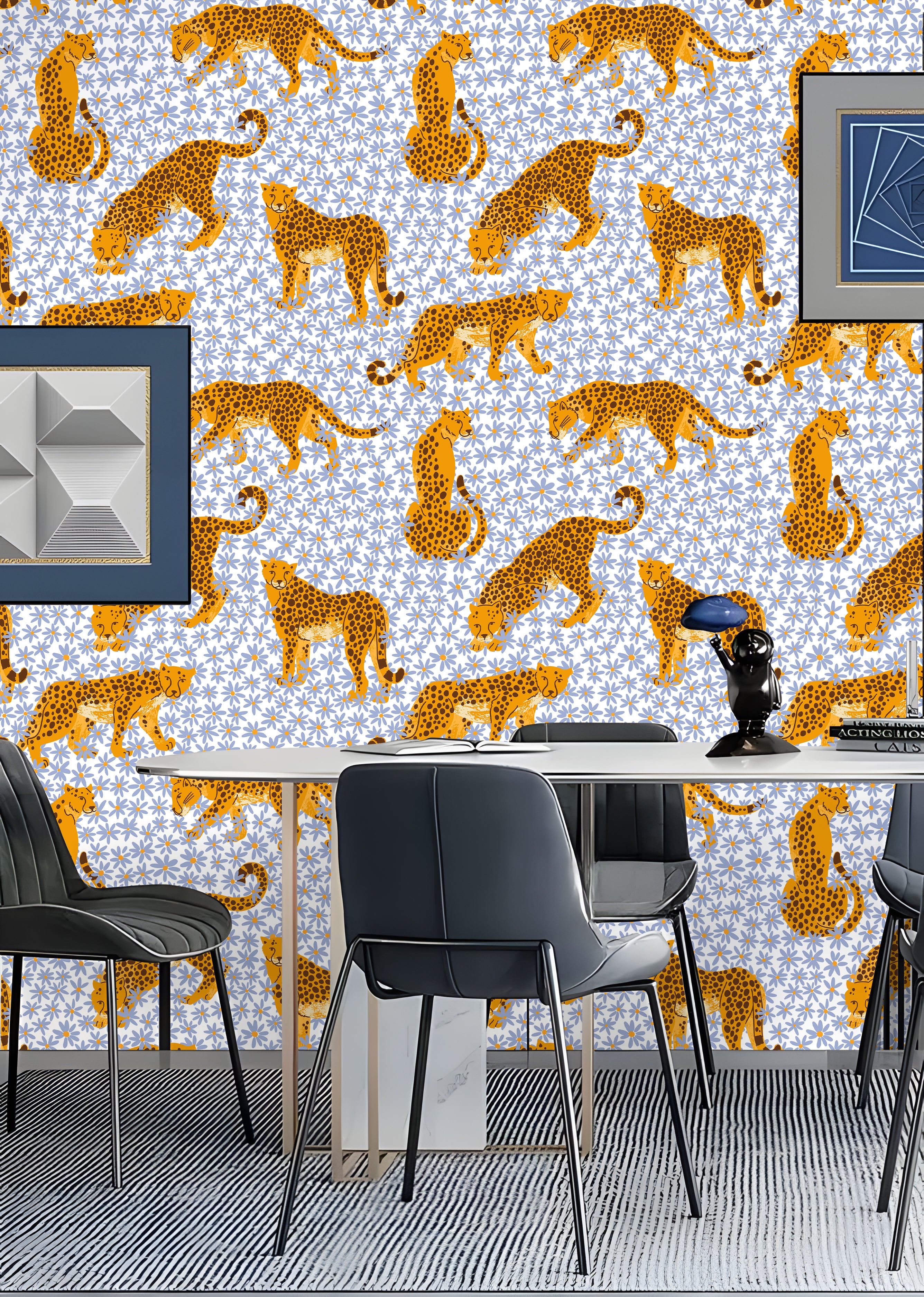 HaokHome Leopard and Flower Wallpaper – Hand-Drawn Cheetahs with Daisies on Blue Background for Living Room & Bedroom