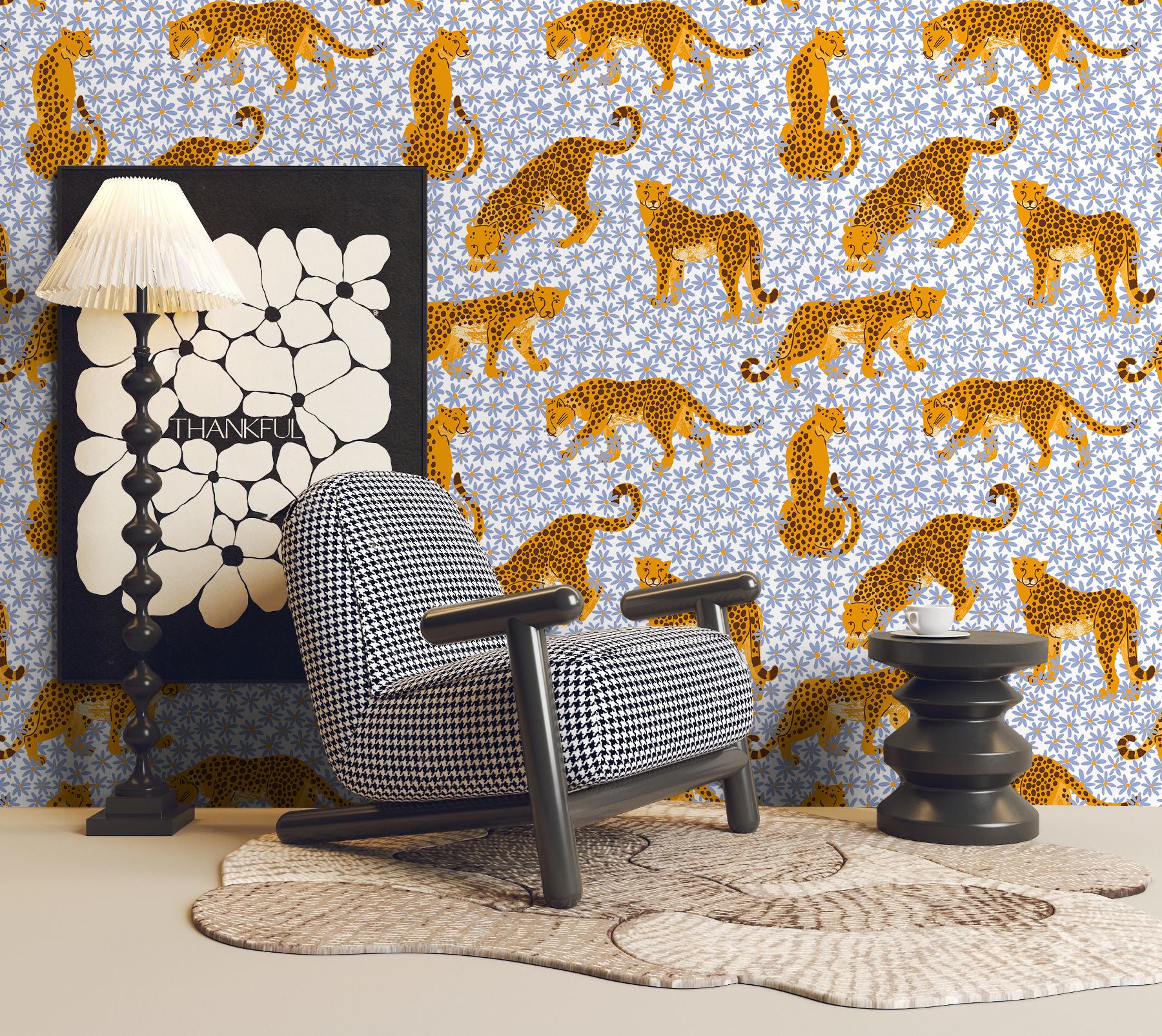 HaokHome Leopard and Flower Wallpaper – Hand-Drawn Cheetahs with Daisies on Blue Background for Living Room & Bedroom