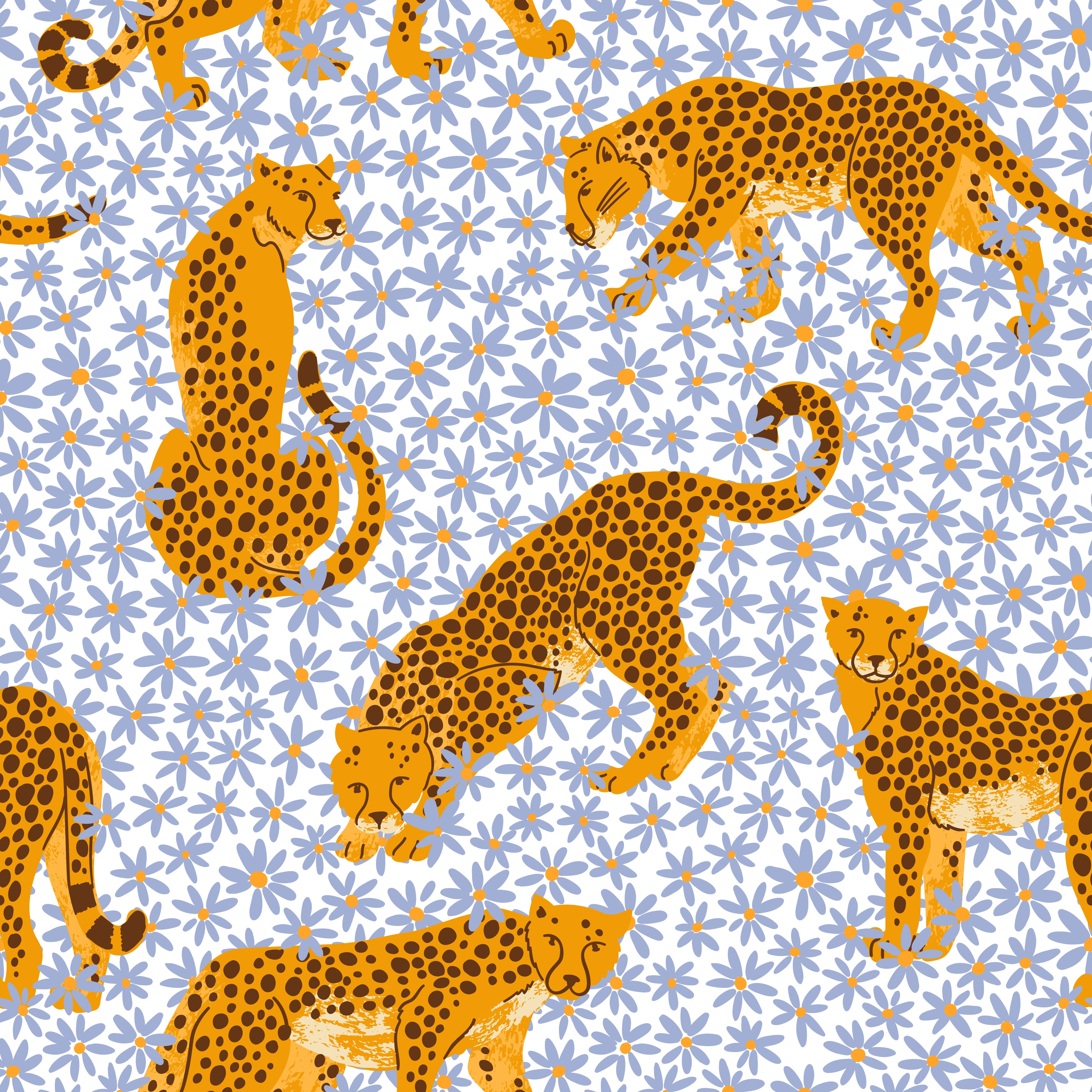 HaokHome Leopard and Flower Wallpaper – Hand-Drawn Cheetahs with Daisies on Blue Background for Living Room & Bedroom