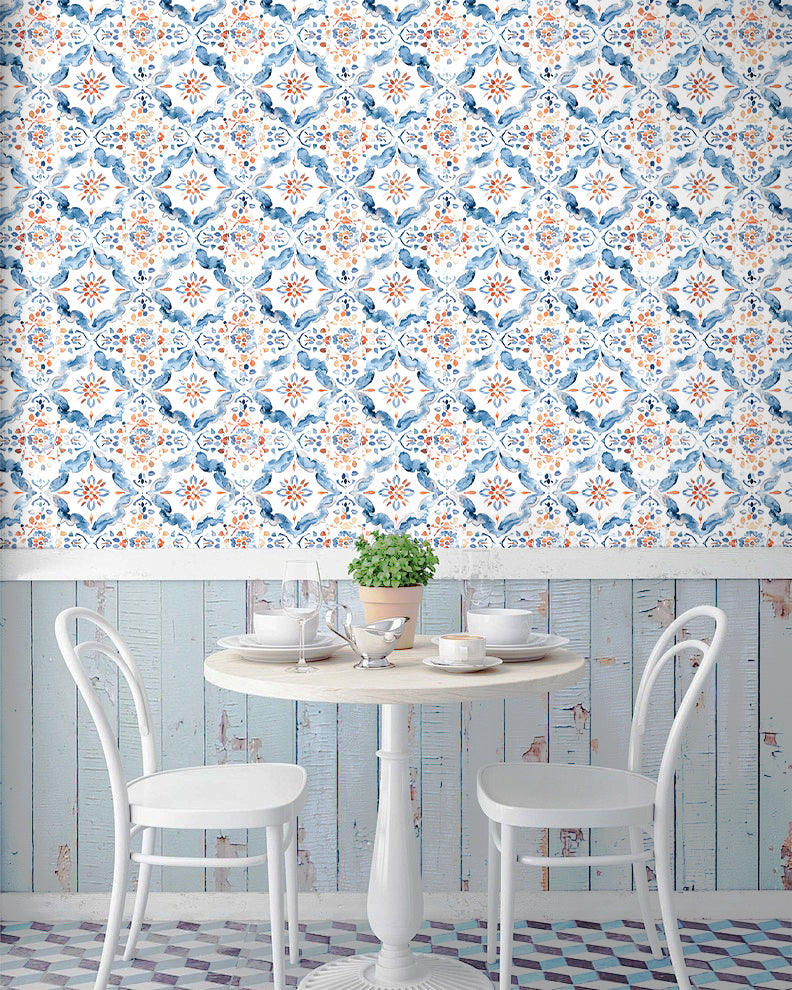 HaokHome Mediterranean Tile Peel and Stick Wallpaper Watercolor Pattern Removable Wall Decor for Kitchen & Bathroom