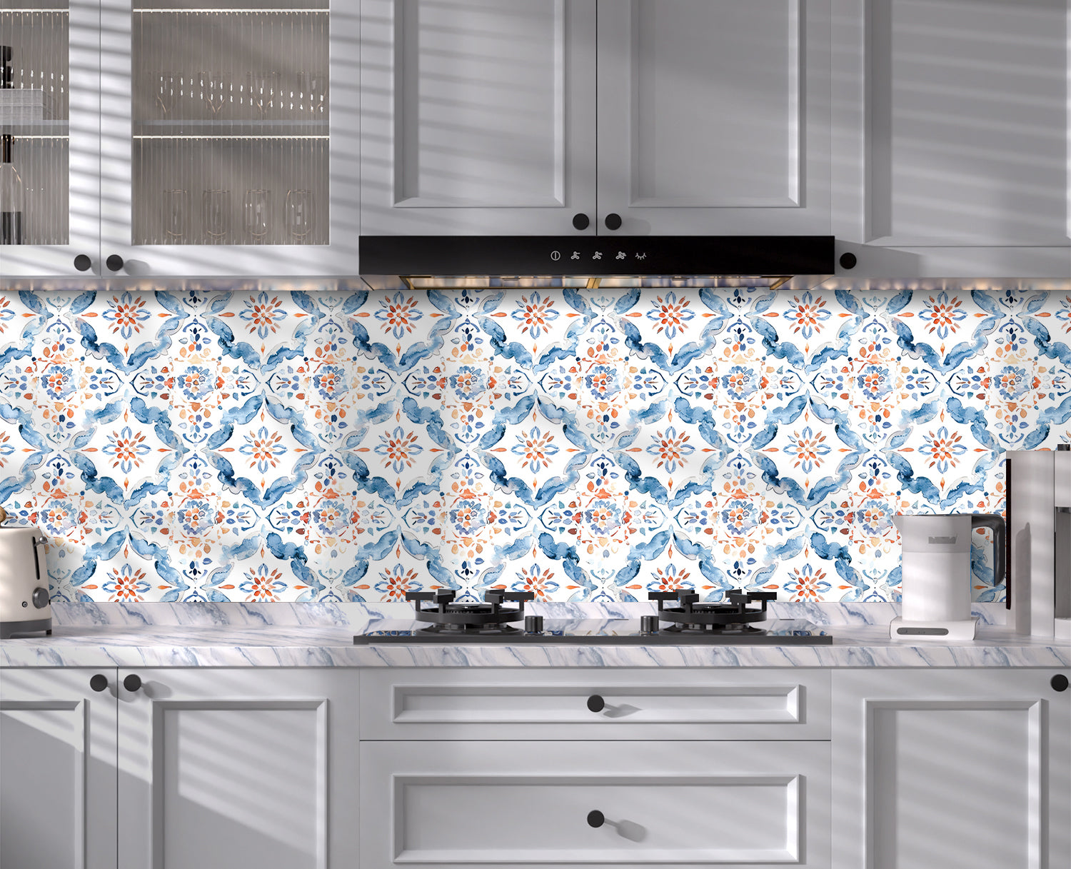 HaokHome Mediterranean Tile Peel and Stick Wallpaper Watercolor Pattern Removable Wall Decor for Kitchen & Bathroom