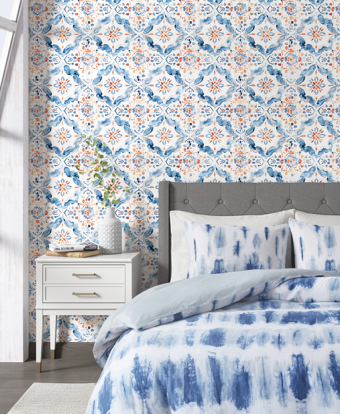 HaokHome Mediterranean Tile Peel and Stick Wallpaper Watercolor Pattern Removable Wall Decor for Kitchen & Bathroom