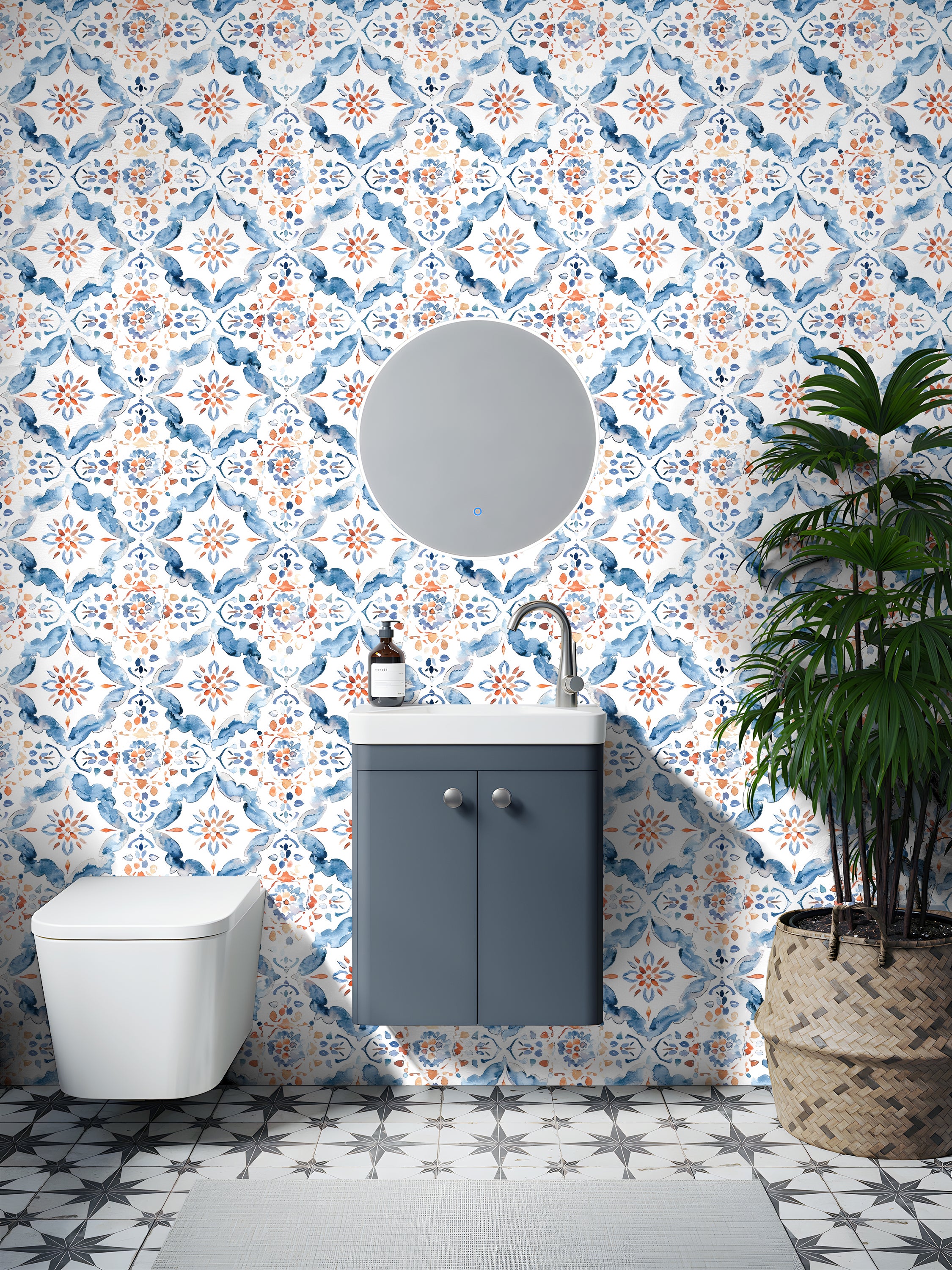 HaokHome Mediterranean Tile Peel and Stick Wallpaper Watercolor Pattern Removable Wall Decor for Kitchen & Bathroom