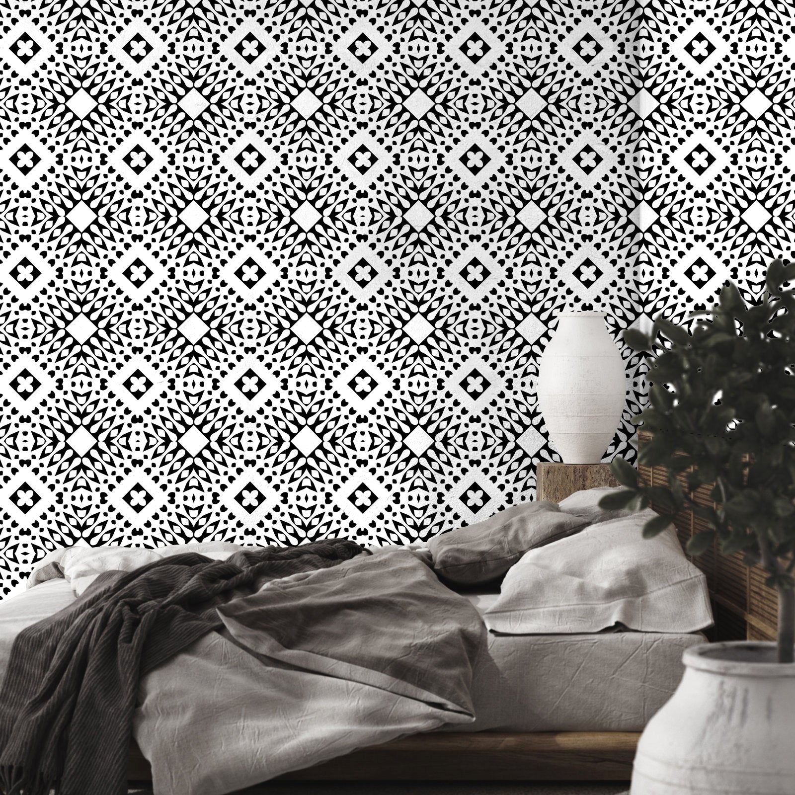 HaokHome Modern Black and White Floral Geometric Wallpaper Bold and Stylish Monochrome Design