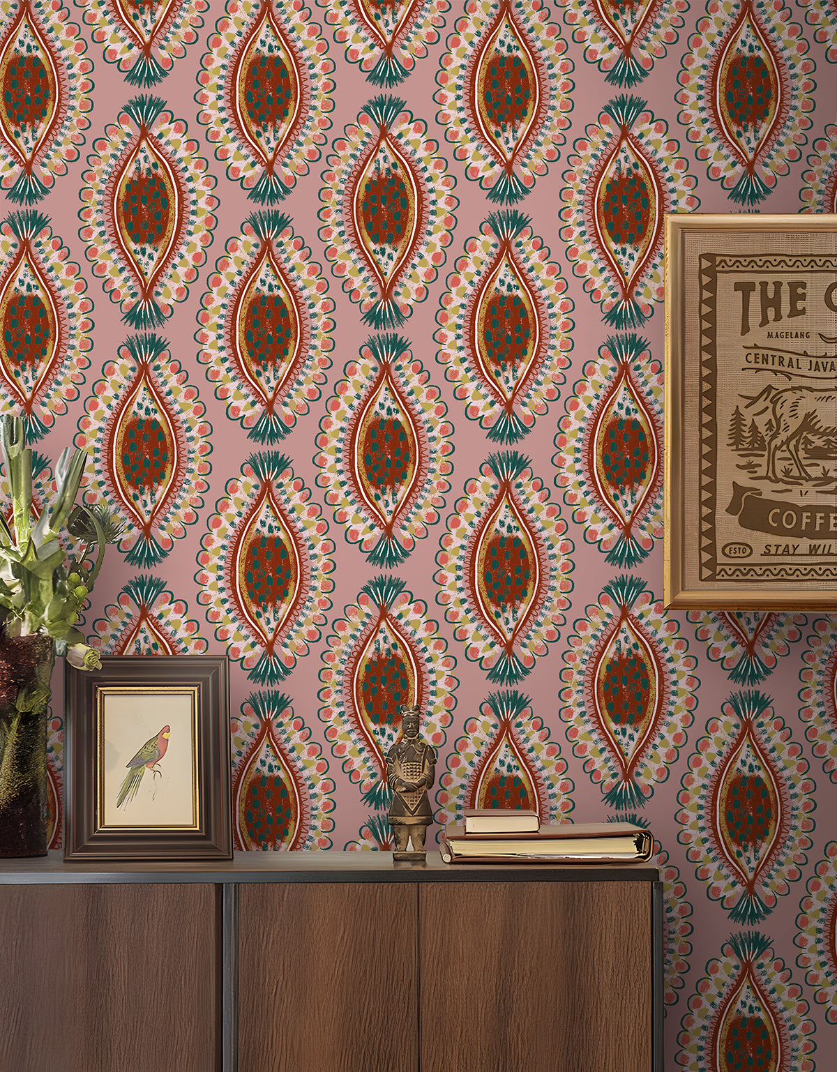 HaokHome Modern Tribal Wallpaper – Earthy Mustard with Artistic Botanical Pattern