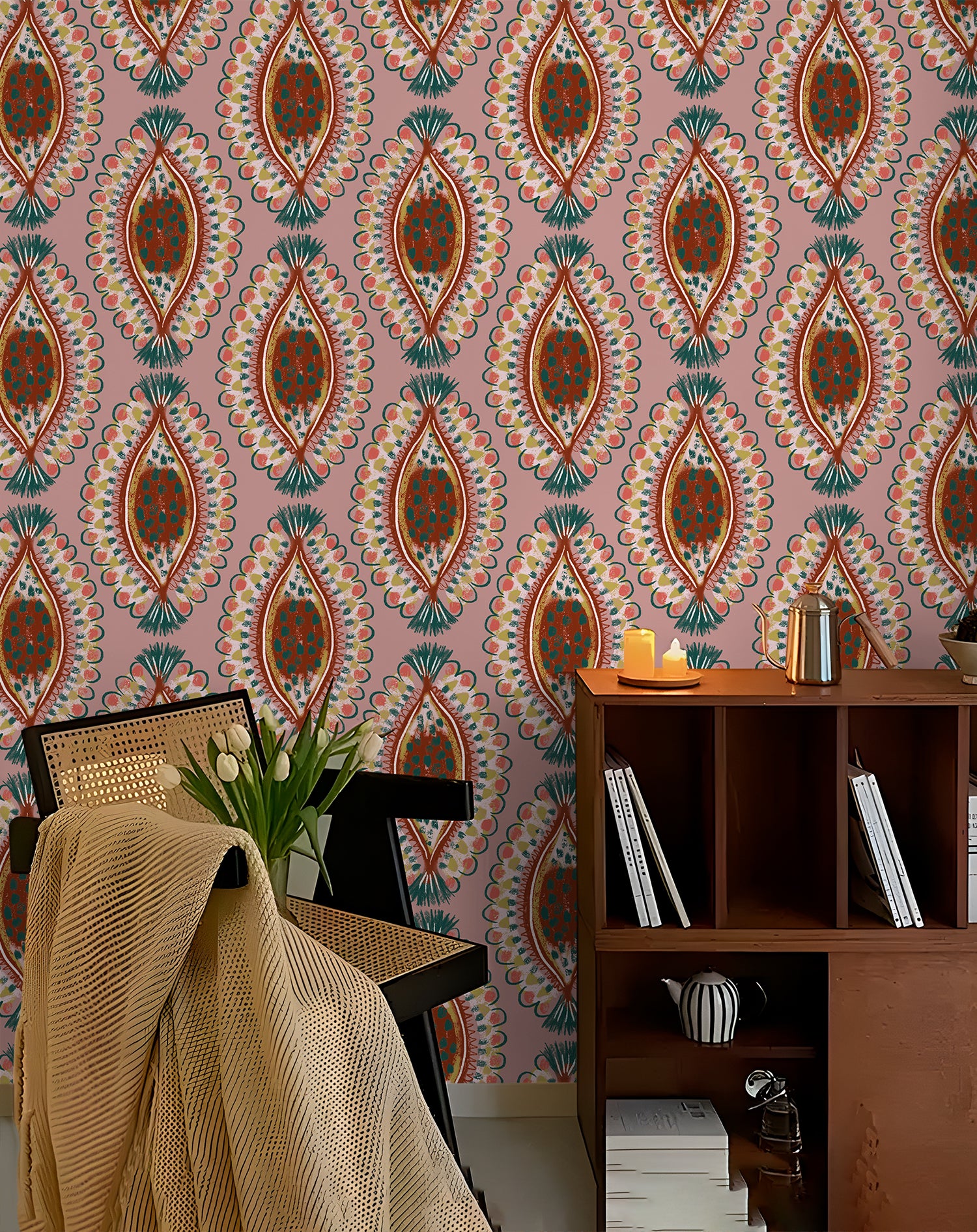 HaokHome Modern Tribal Wallpaper – Earthy Mustard with Artistic Botanical Pattern