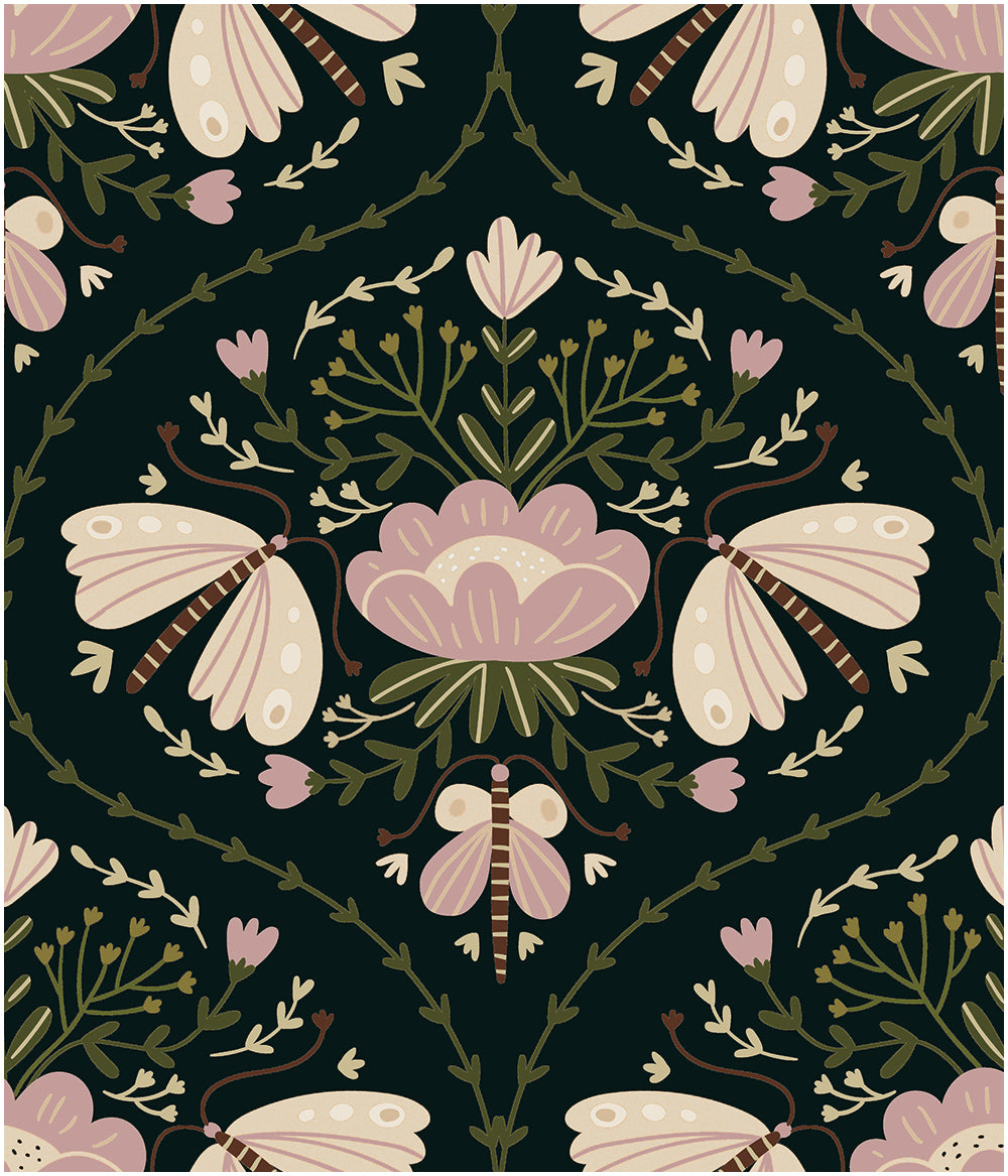 HaokHome Moody Black Floral Peel and Stick Wallpaper, Vintage Moth & Dahlia Removable Self Adhesive Wallpaper