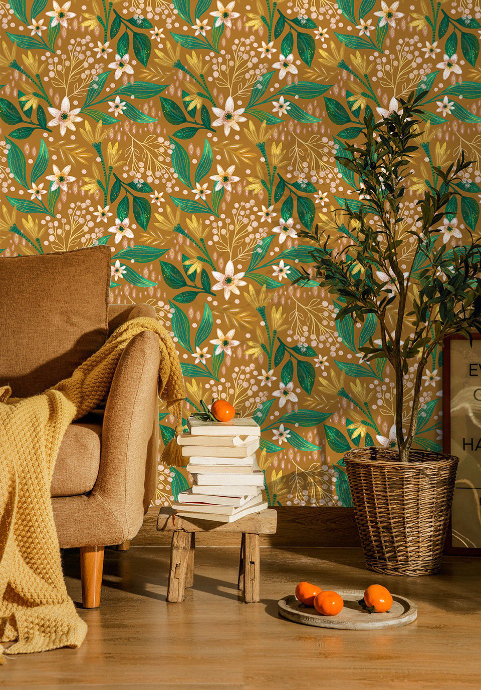 HaokHome Mustard Floral Wallpaper – Elegant White Flowers and Green Leaves on Warm Yellow Background