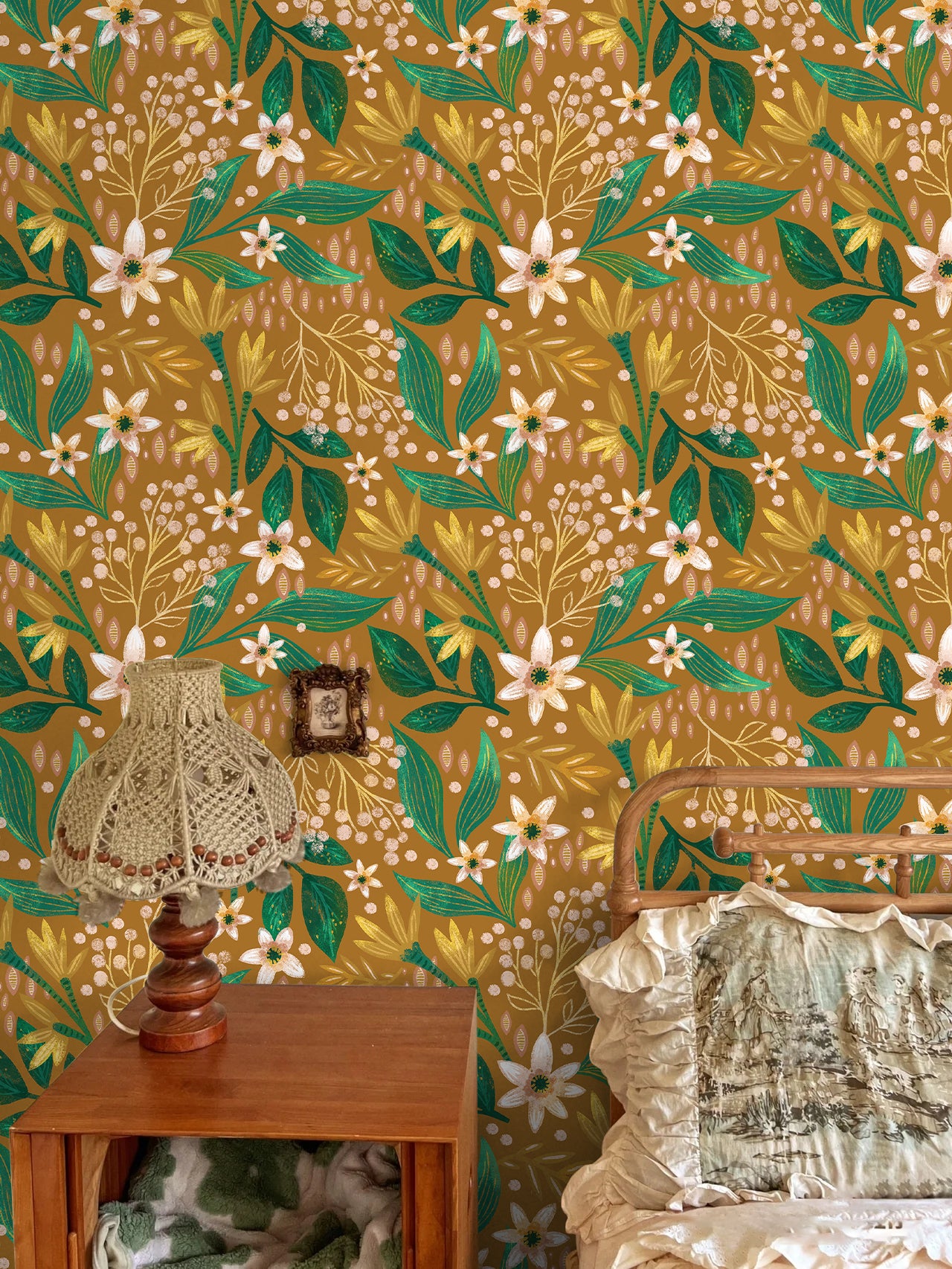 HaokHome Mustard Floral Wallpaper – Elegant White Flowers and Green Leaves on Warm Yellow Background